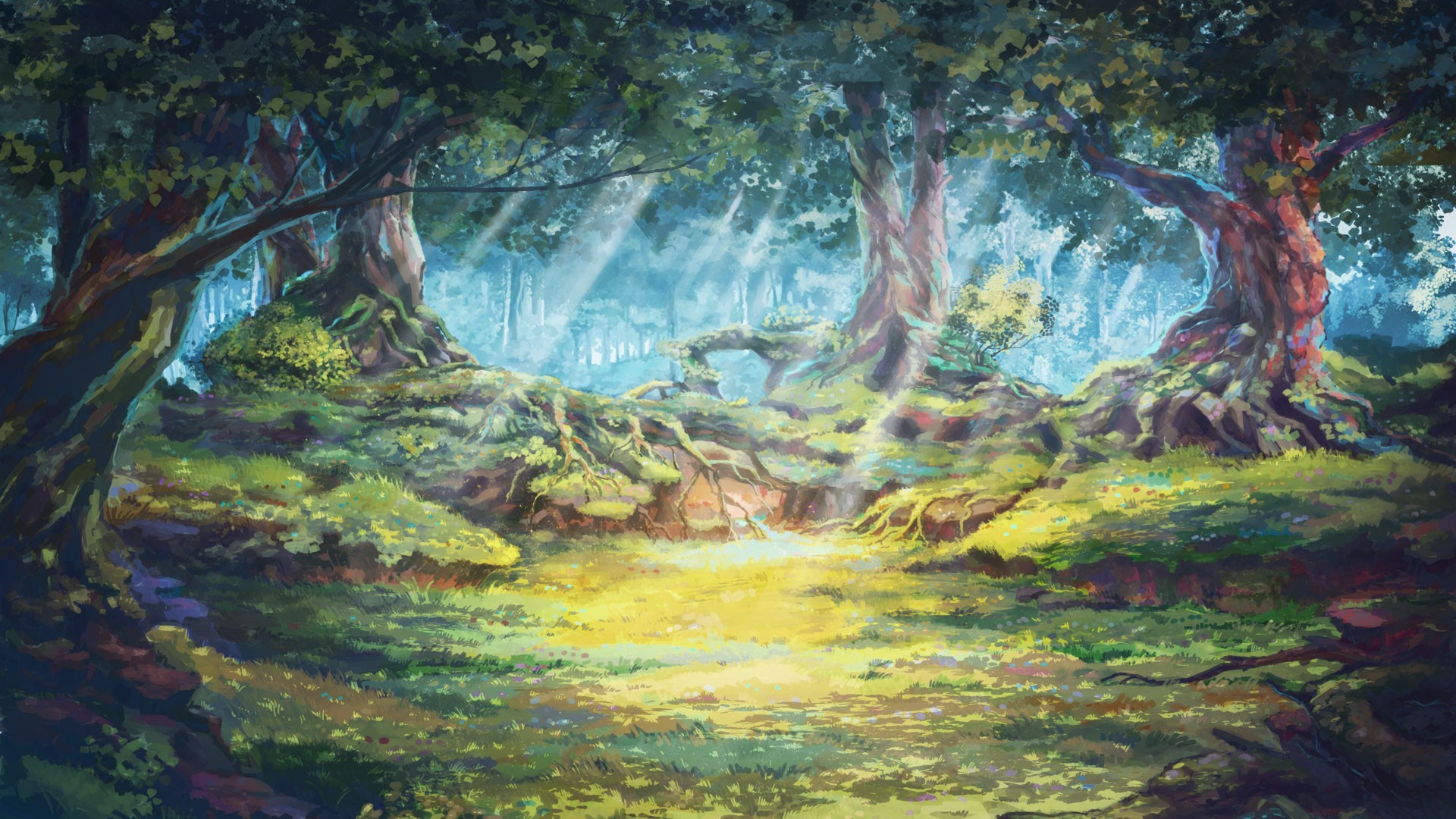 Anime 1920x1080 Everlasting Summer (visual novel) forest trees forest clearing sun rays roots artwork sunlight anime nature