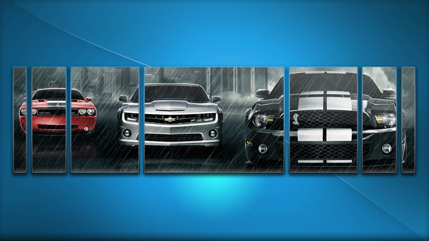 General 1366x768 blue car Dodge Chevrolet Ford Mustang Ford Mustang S-197 II Ford collage vehicle blue background rain red cars silver cars black cars panels digital art