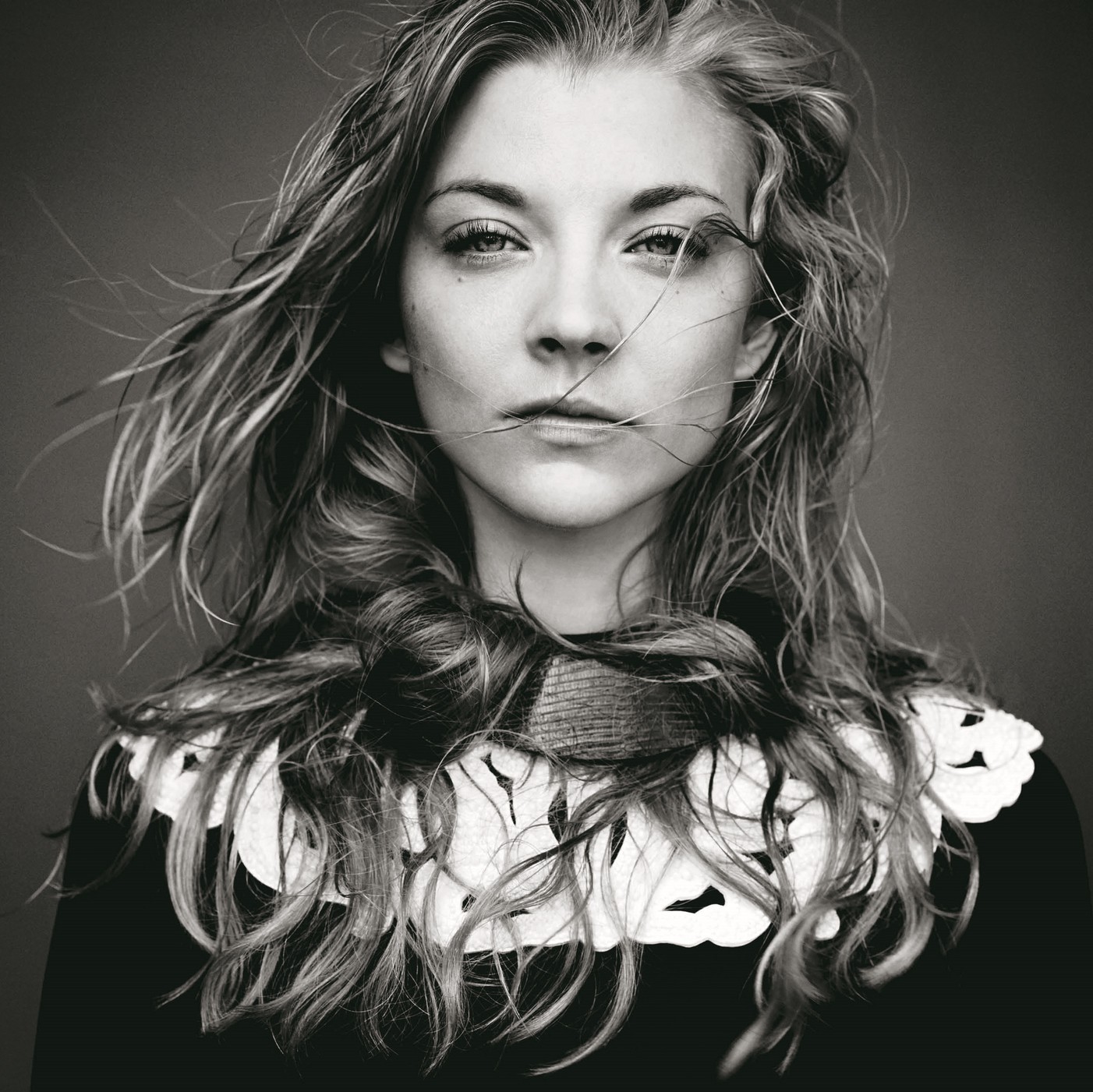 People 1402x1401 Natalie Dormer  women actress monochrome windy long hair hair in face looking into the distance looking at viewer celebrity