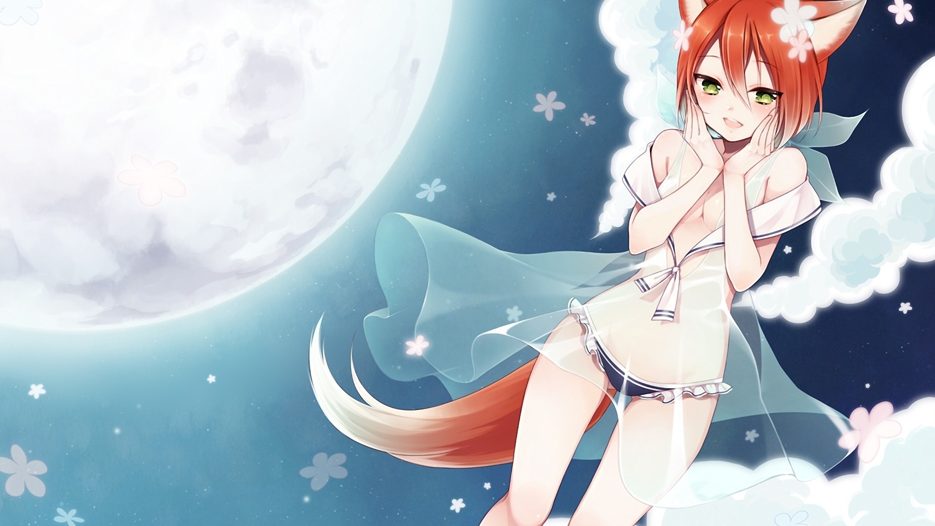 Anime 1920x1080 anime anime girls redhead green eyes Inazuma Eleven tail ecchi women belly animal ears fox girl looking at viewer open mouth