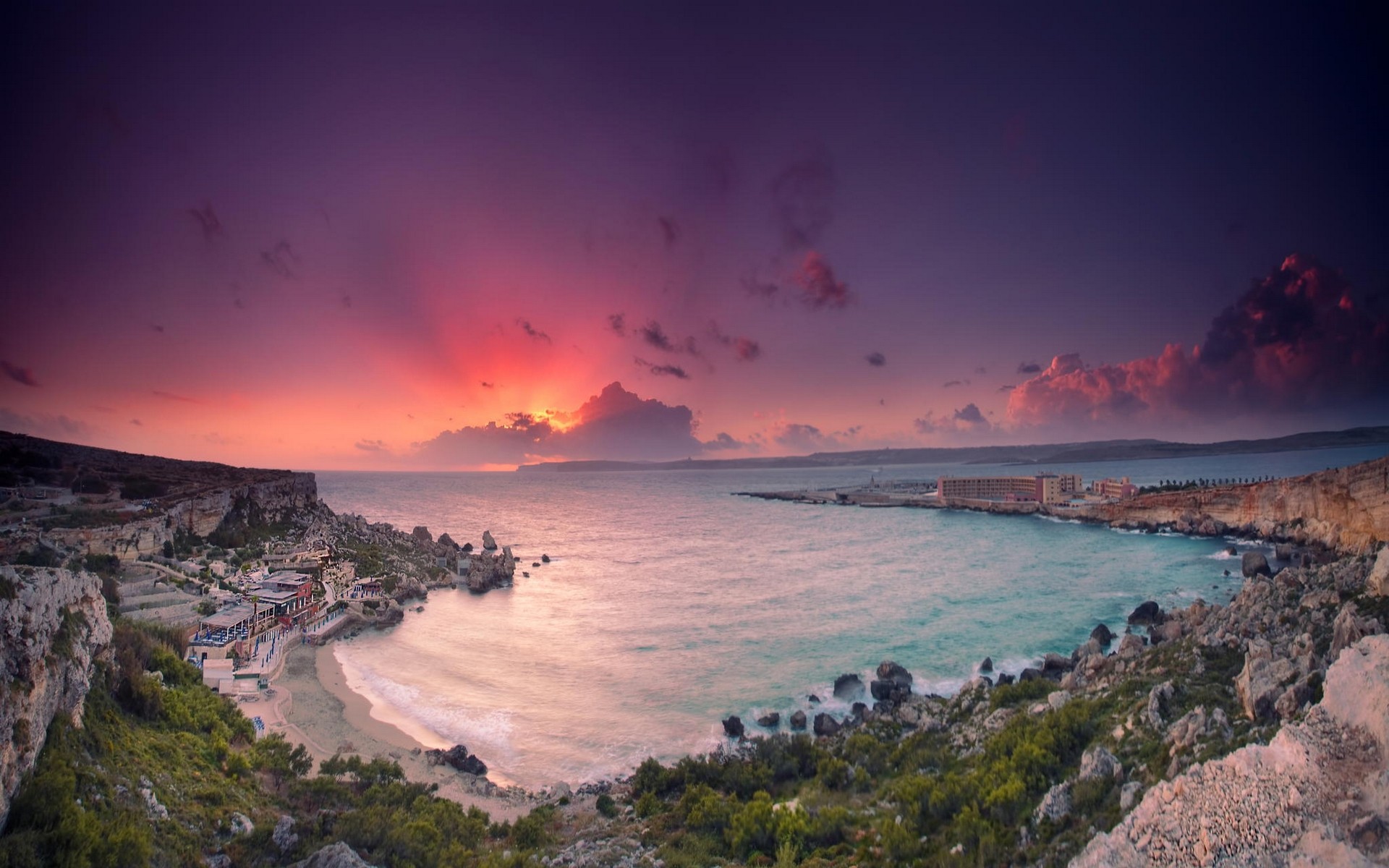 General 1920x1200 nature landscape beach sea vacation sunset cliff Malta building rocks bay clouds