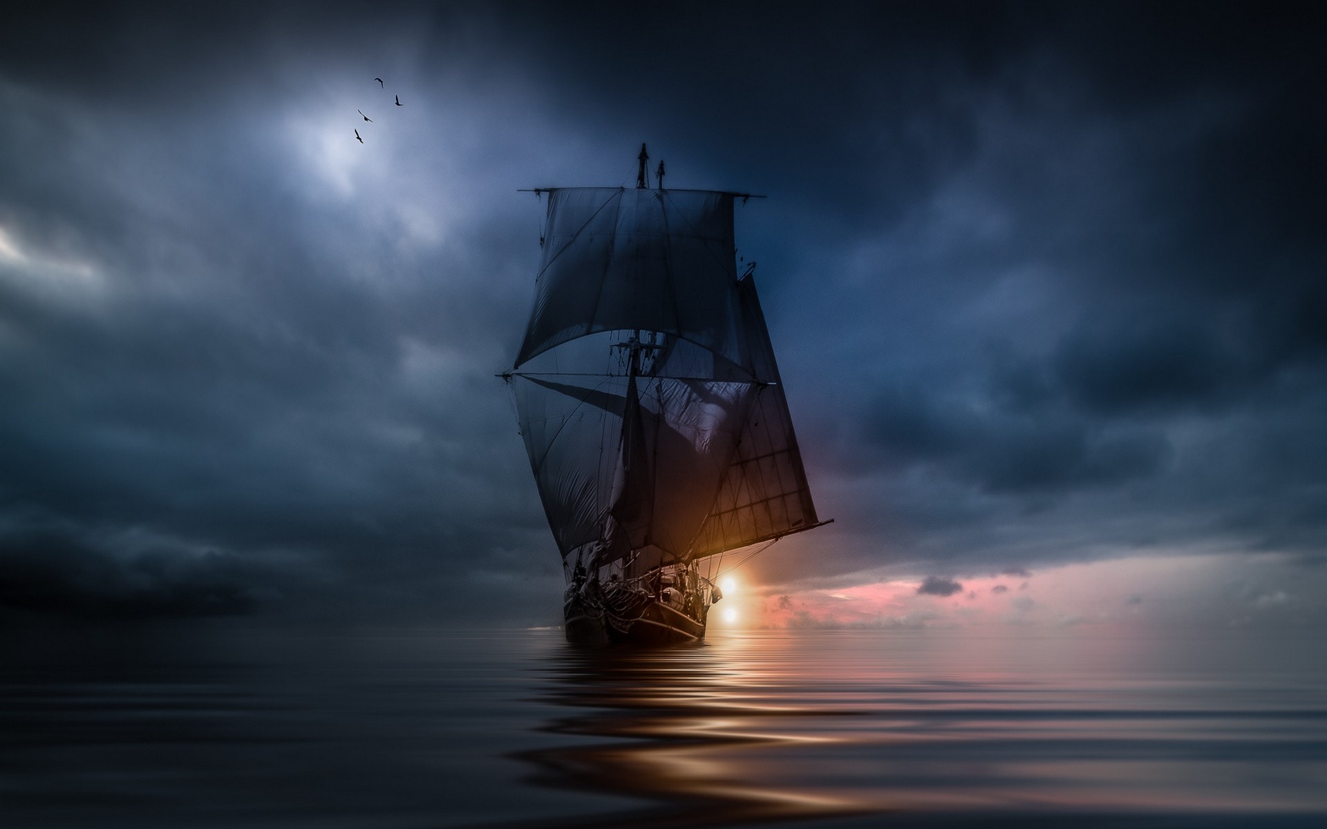 General 1920x1200 nature sea clouds sunset sailing ship storm blue water flying rigging (ship) vehicle low light birds sky sunlight sunset glow