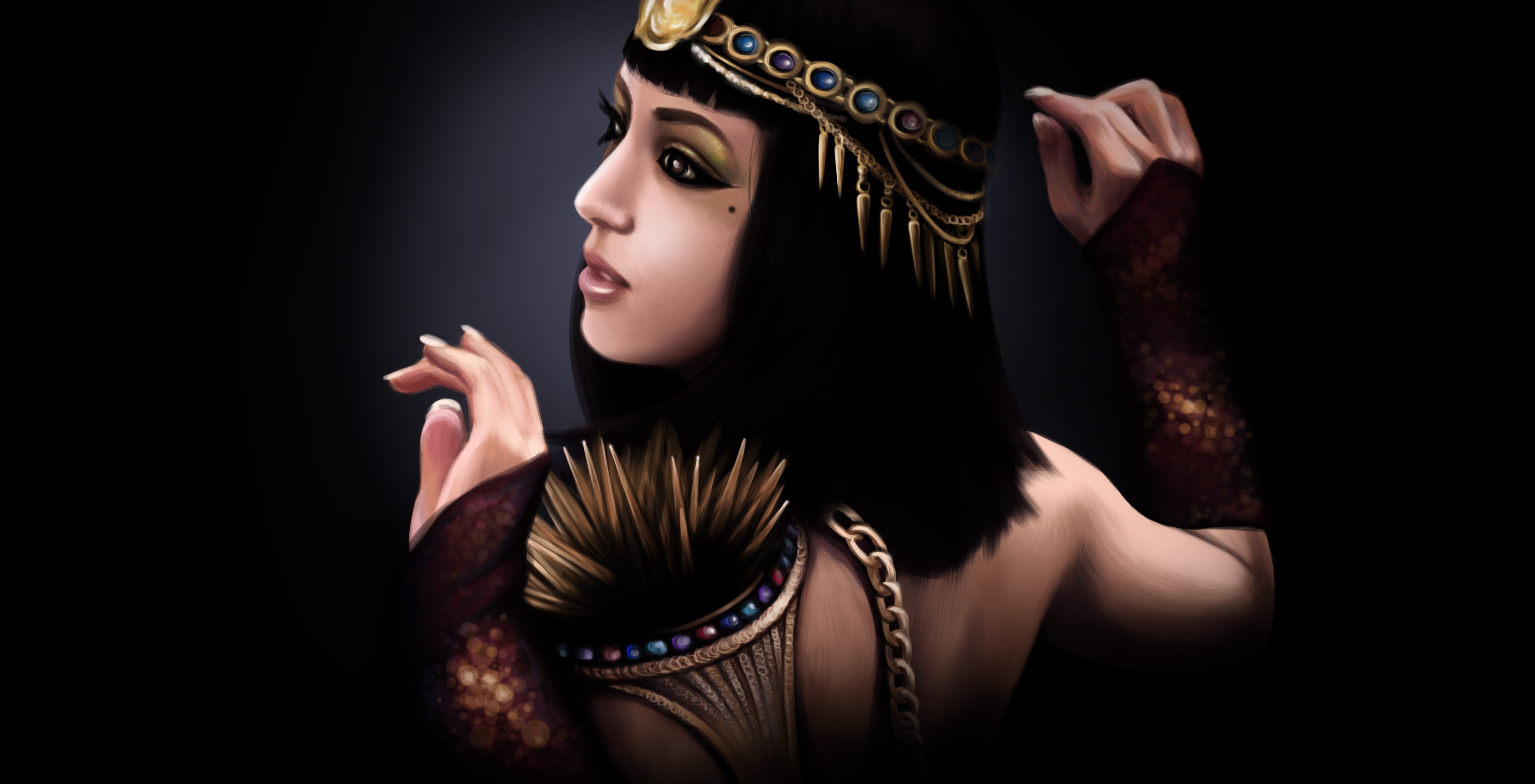 General 3623x1851 fantasy art artwork fantasy girl dark hair women Egypt black hair simple background makeup
