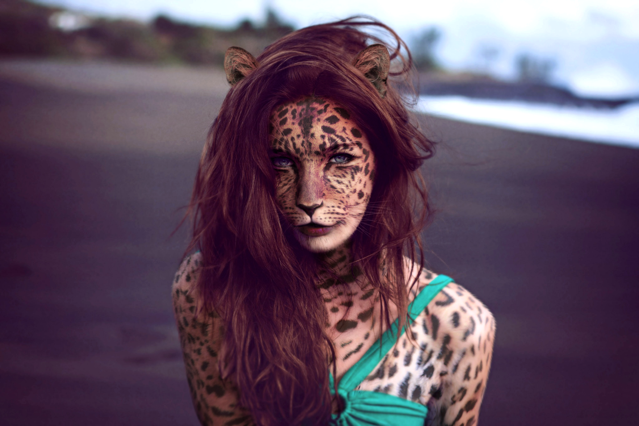 People 2048x1365 women edit photoshopped face paint redhead long hair women outdoors women on beach