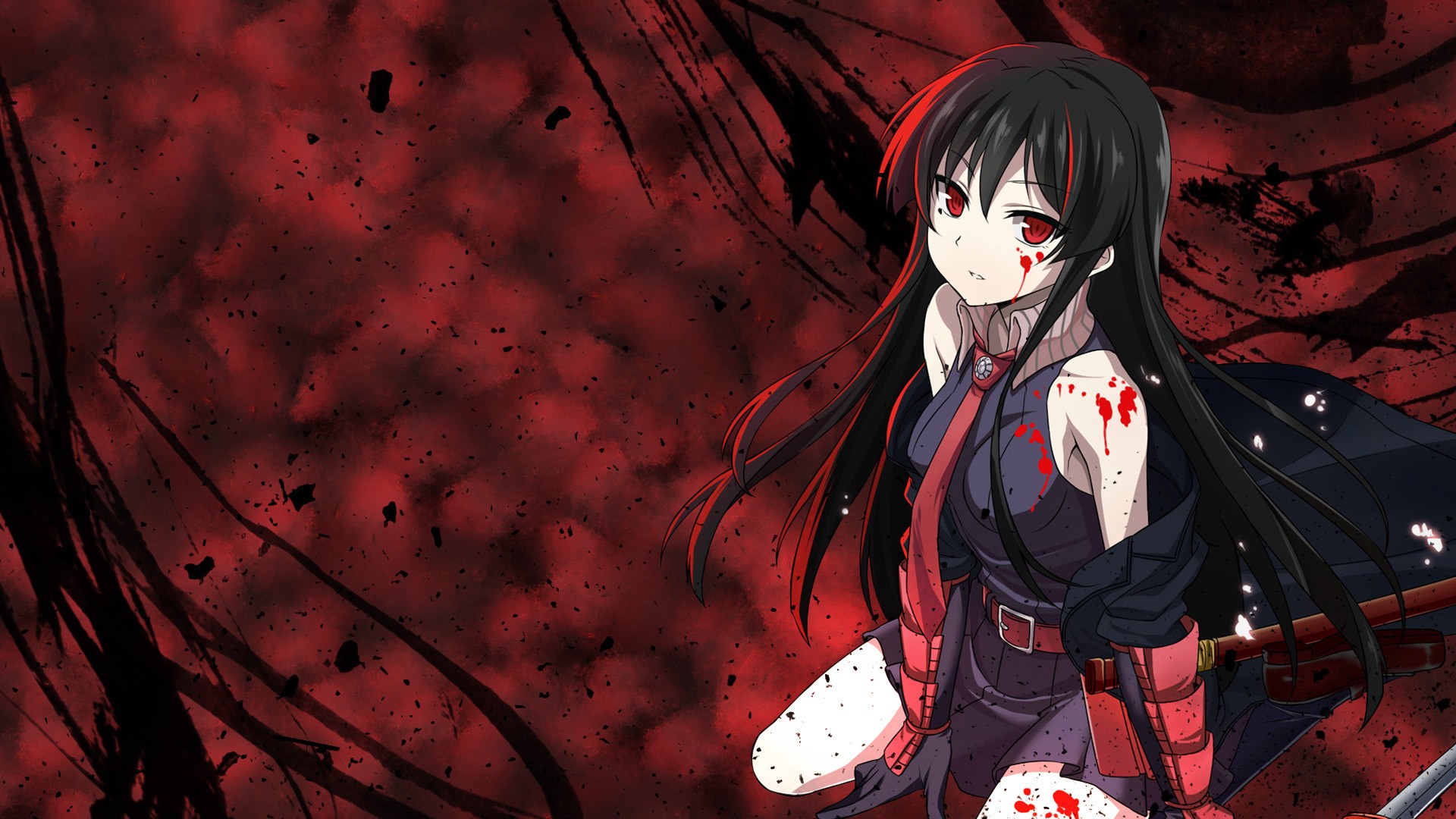 Anime 1920x1080 anime girls Akame Akame ga Kill! blood black hair red eyes anime red background long hair tie blood spatter
