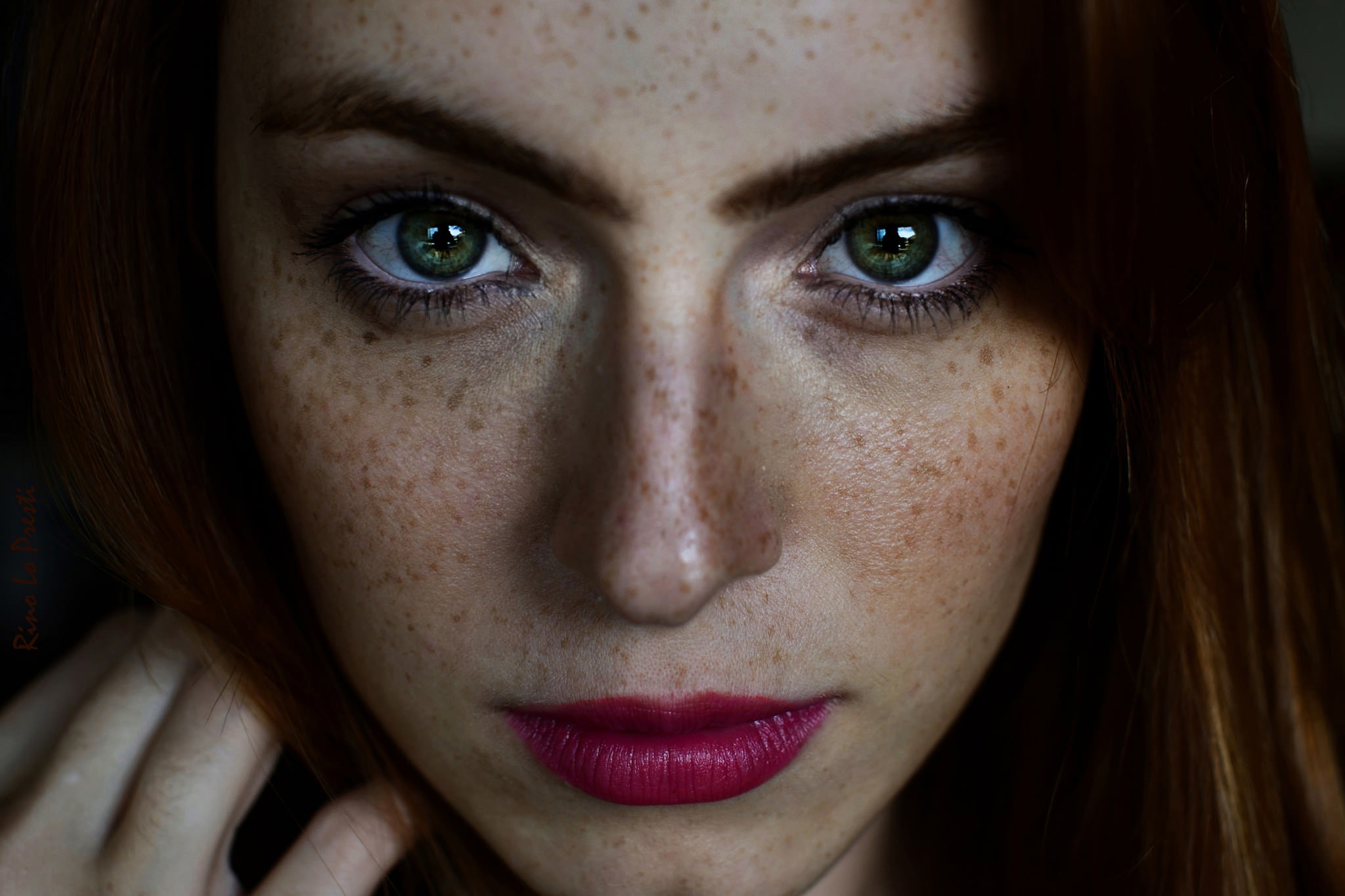 People 2048x1365 women model face portrait freckles green eyes closeup looking at viewer lipstick