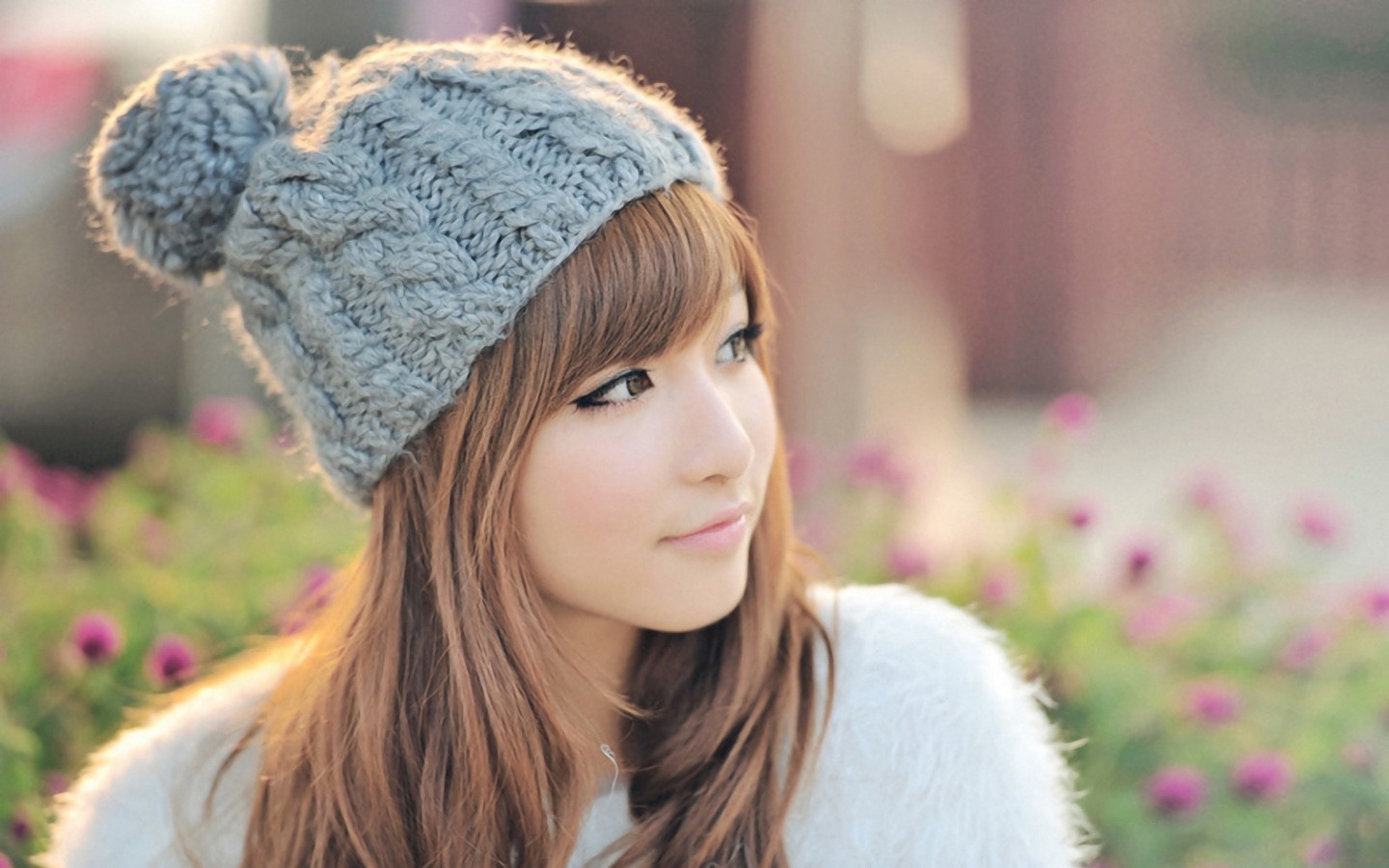 People 1440x900 knit hat Asian women outdoors bokeh women model millinery auburn hair brown eyes looking away