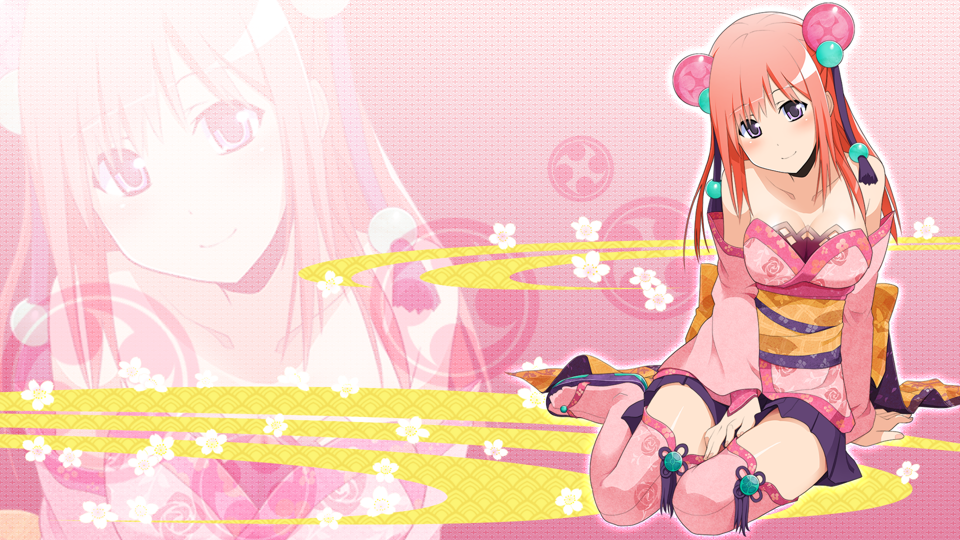 Anime 1920x1080 Onigirl anime anime girls colorful pink background smiling long hair sitting stockings looking at viewer