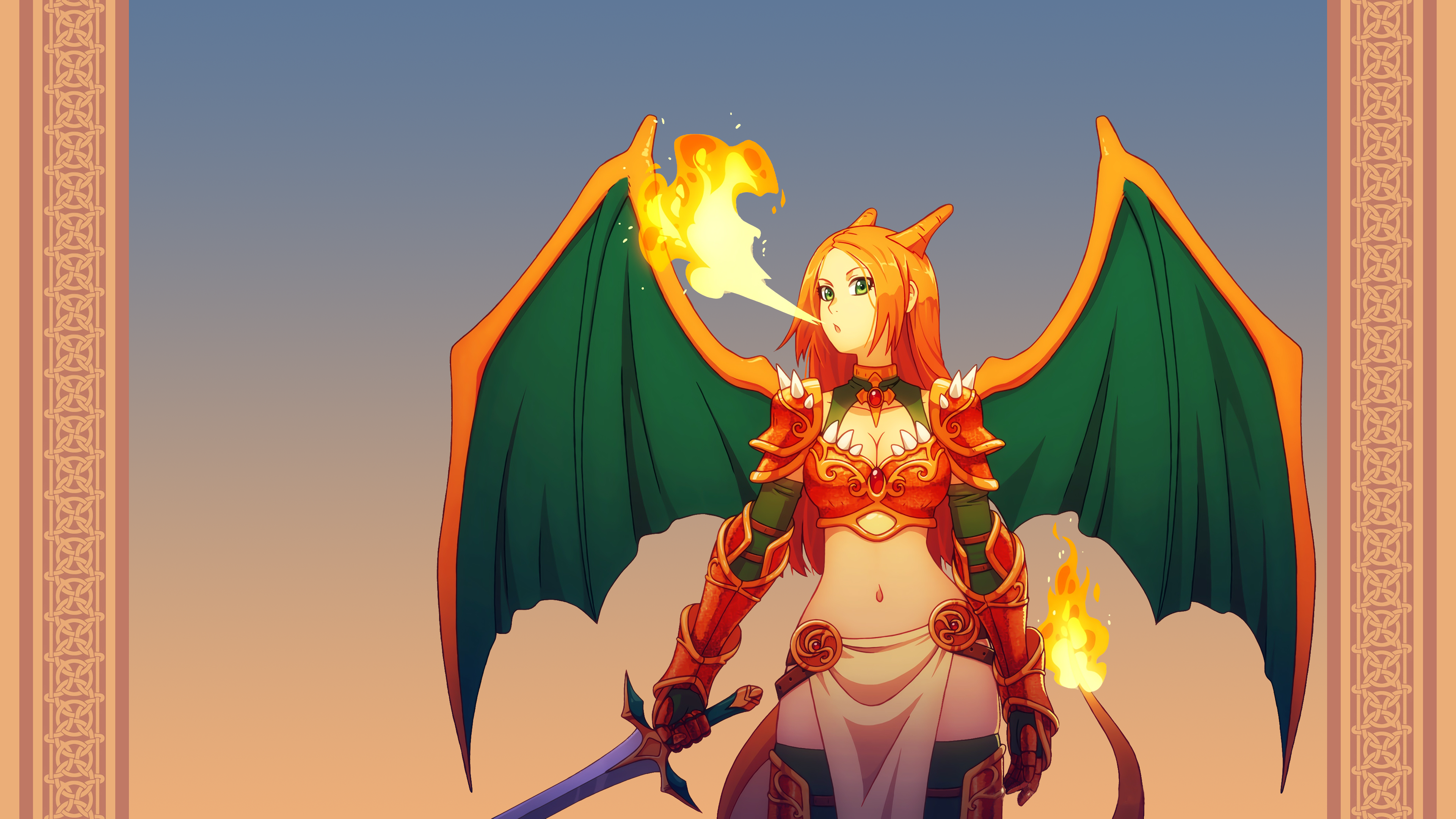 Anime 3840x2160 Pokémon Charizard anime girls anime fire boobs cleavage belly fantasy art fantasy girl sword weapon wings gradient simple background standing horns green eyes armor