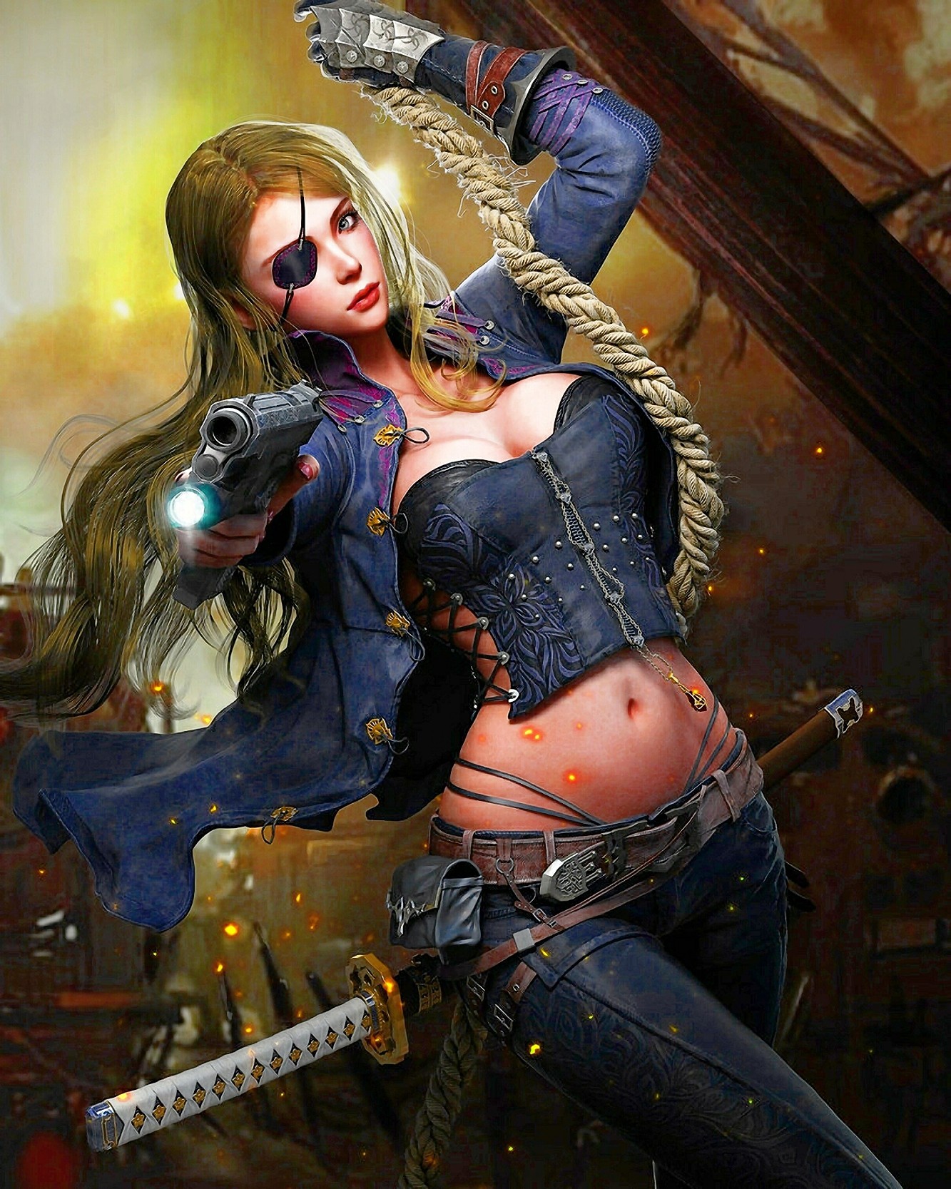 General 1333x1667 blonde katana cleavage drawing fantasy art belly ropes jeans gun pistol sword girls with guns weapon bare midriff eyepatches aiming long hair women with swords red lipstick