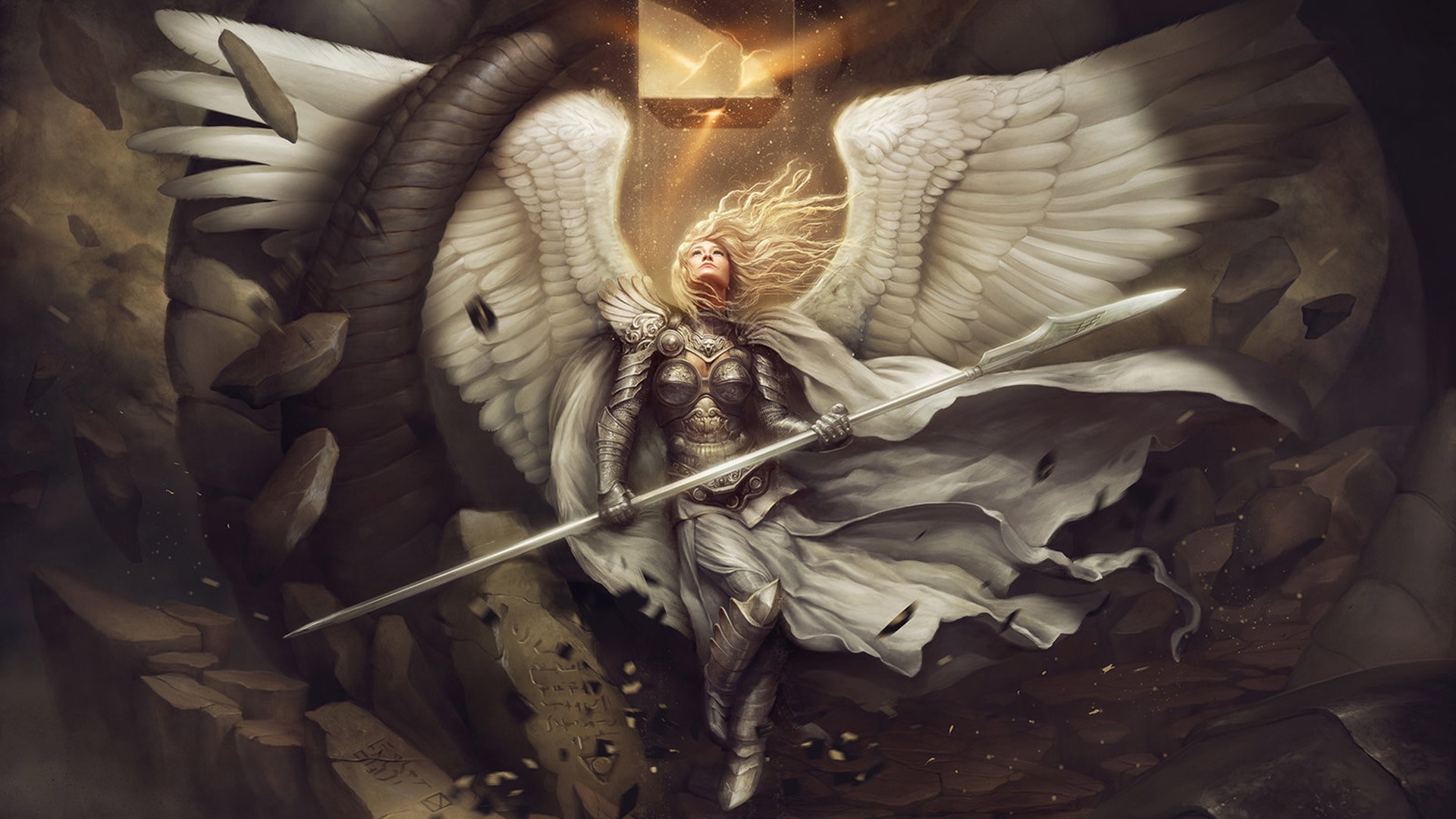 General 1920x1080 angel wings artwork armor spear cape women fantasy art angel wings