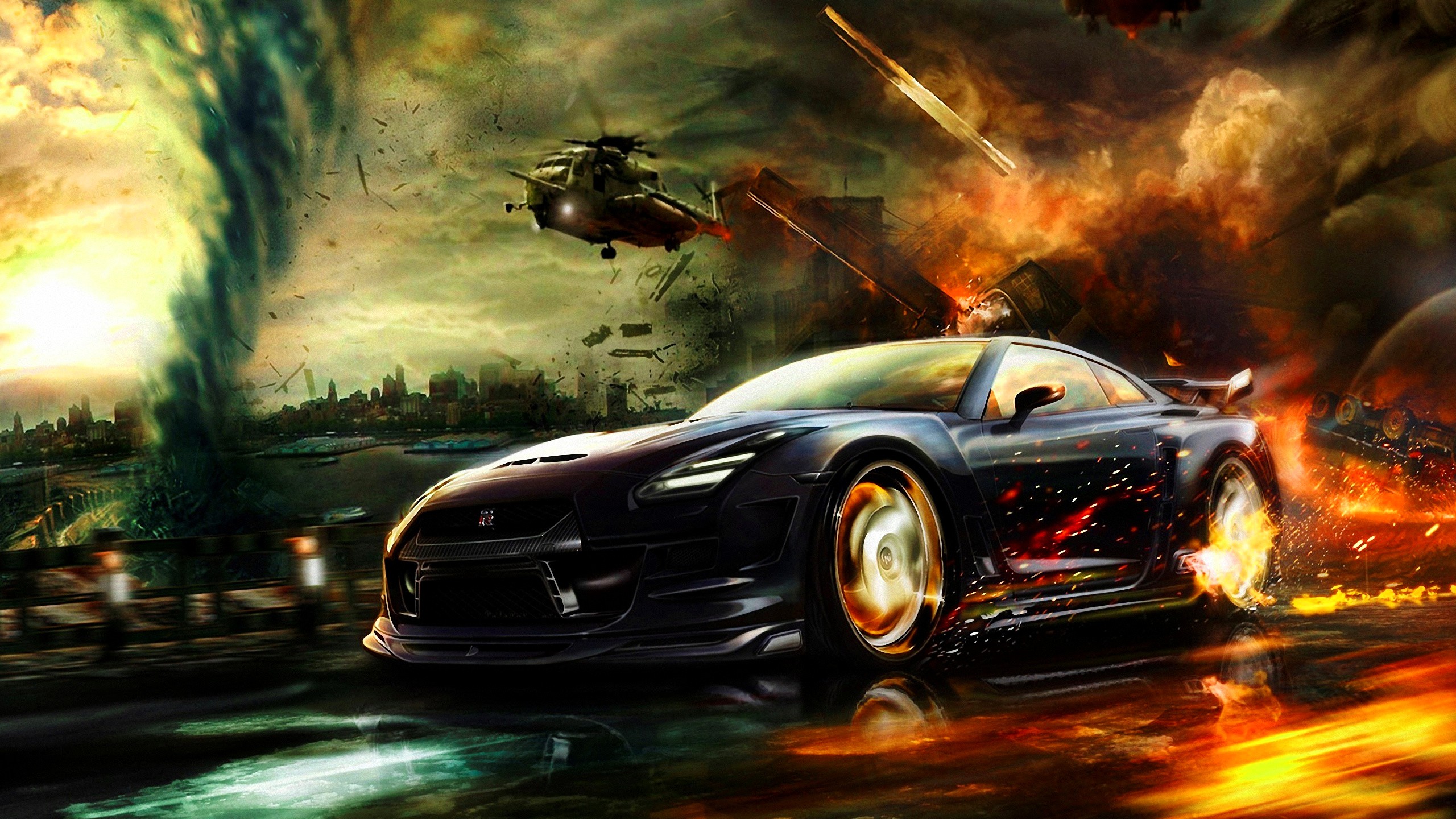 General 2560x1440 car vehicle Nissan GT-R backfire Nissan helicopters fire battle artwork photoshopped Japanese cars