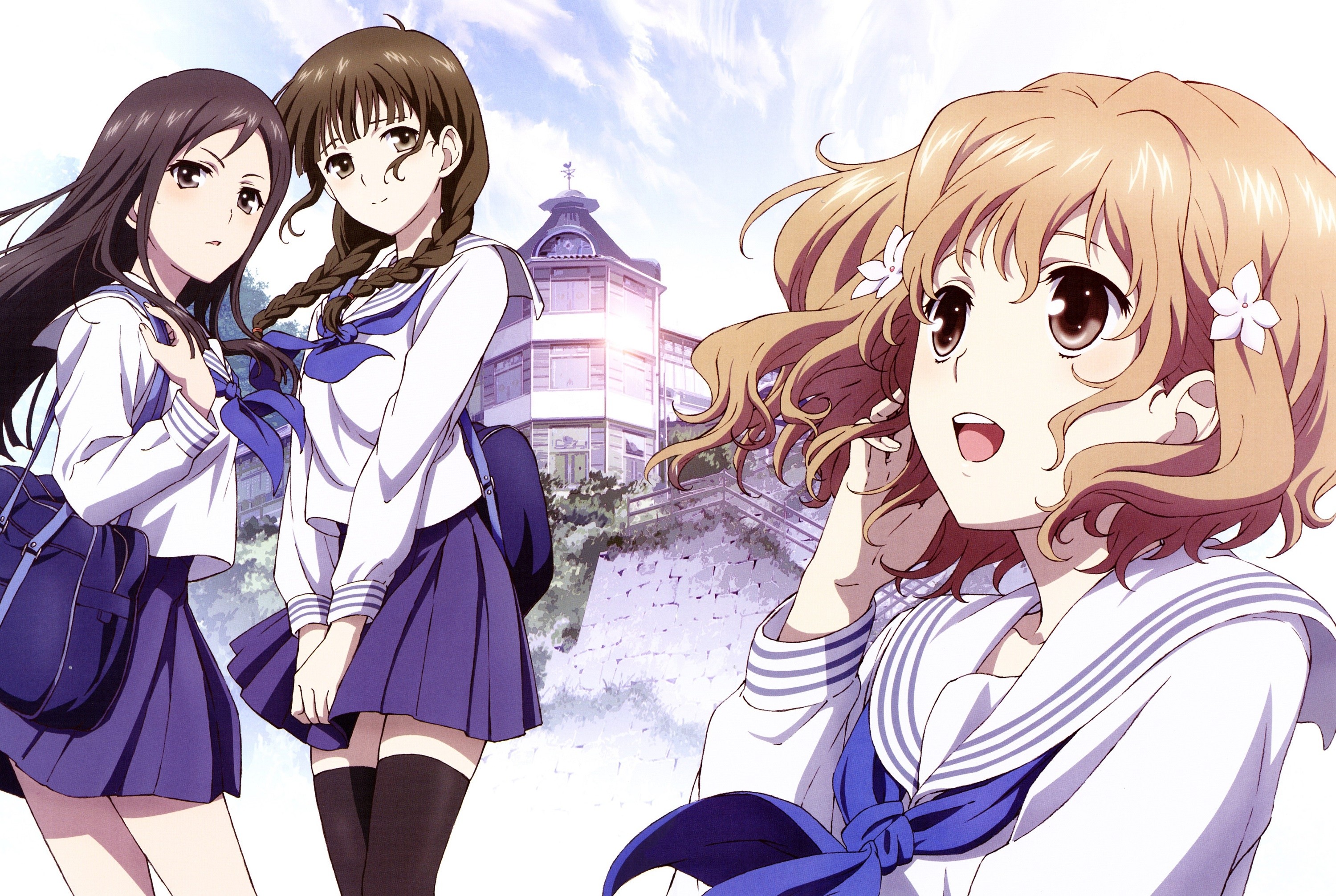 Anime 3000x2013 anime anime girls Hanasaku Iroha women trio skirt