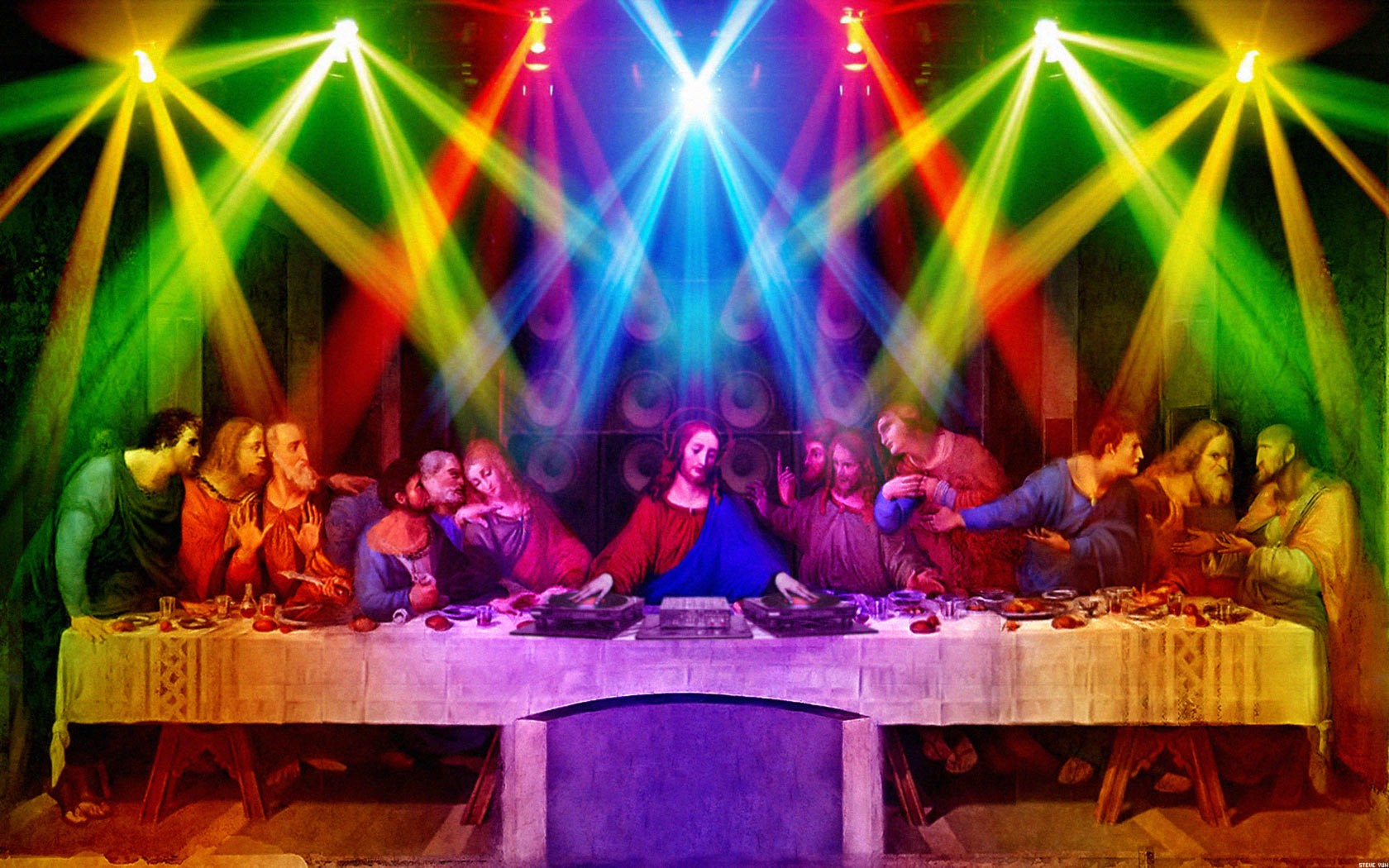 General 1680x1050 parody turntables The Last Supper disco Jesus Christ artwork humor lights laser DJ