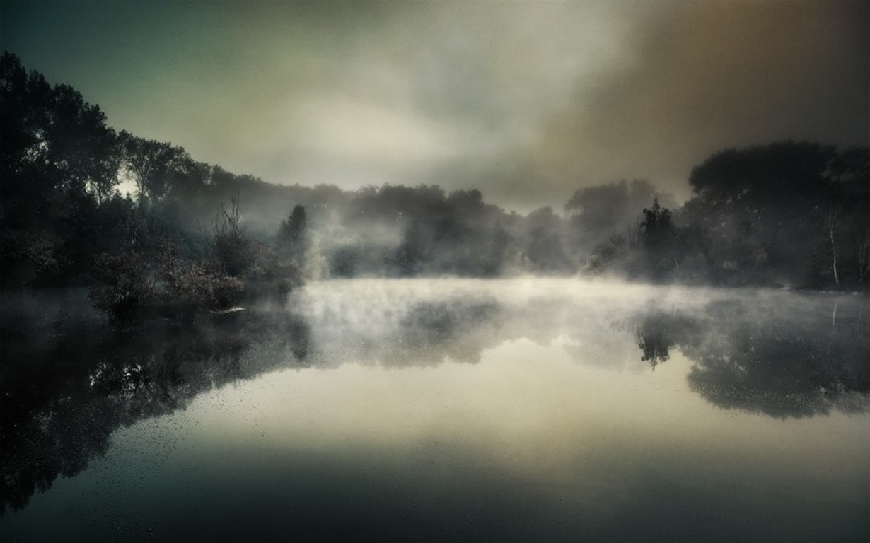 General 1230x768 nature landscape lake mist clouds trees water dark reflection forest