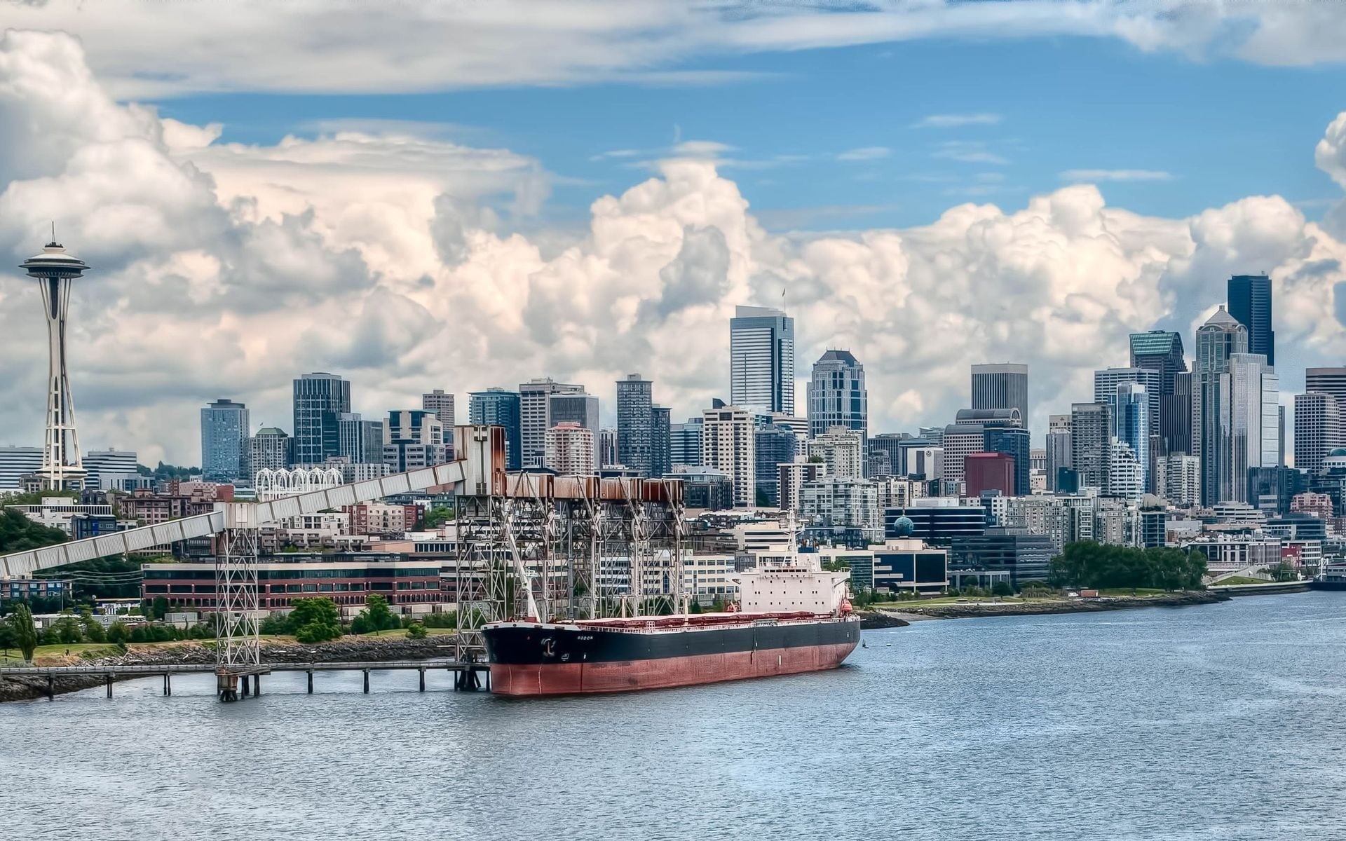 General 1920x1200 city ship sky skyline cityscape Seattle Washington (state) USA clouds Space Needle vehicle