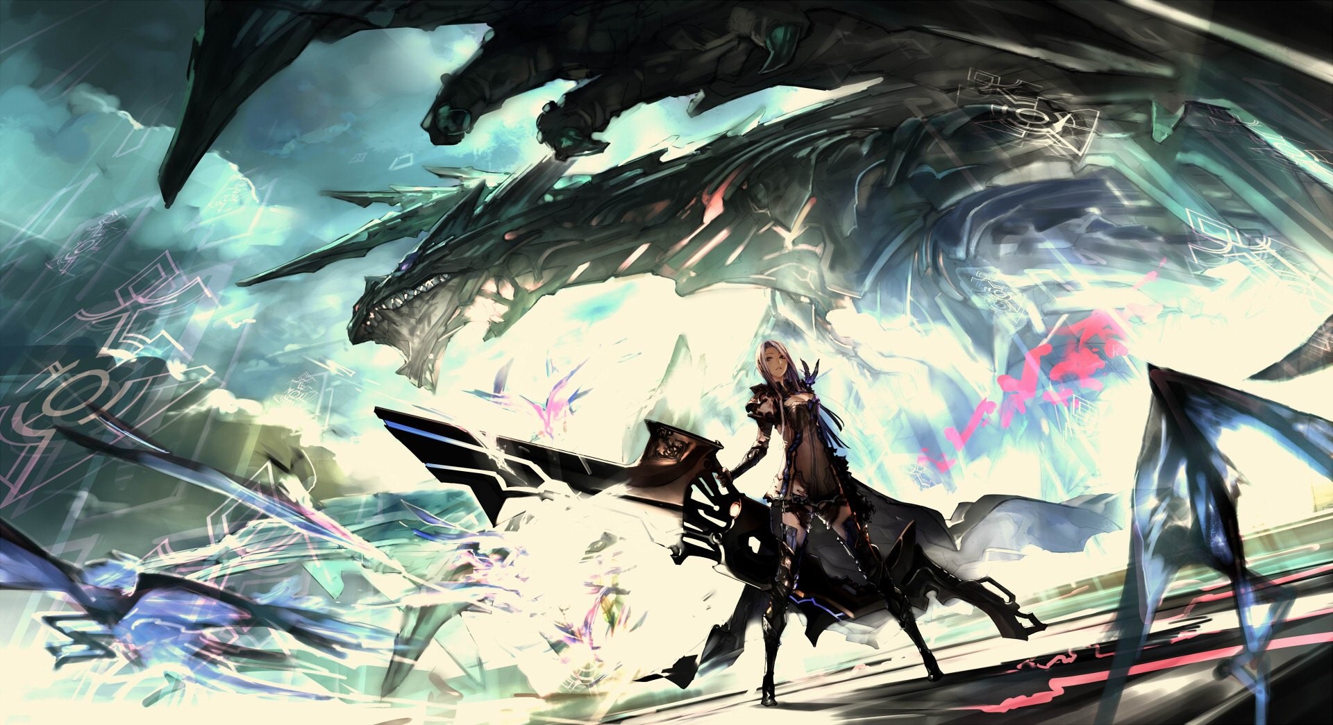 Anime 1920x1045 artwork fantasy art anime warrior dragon futuristic sword