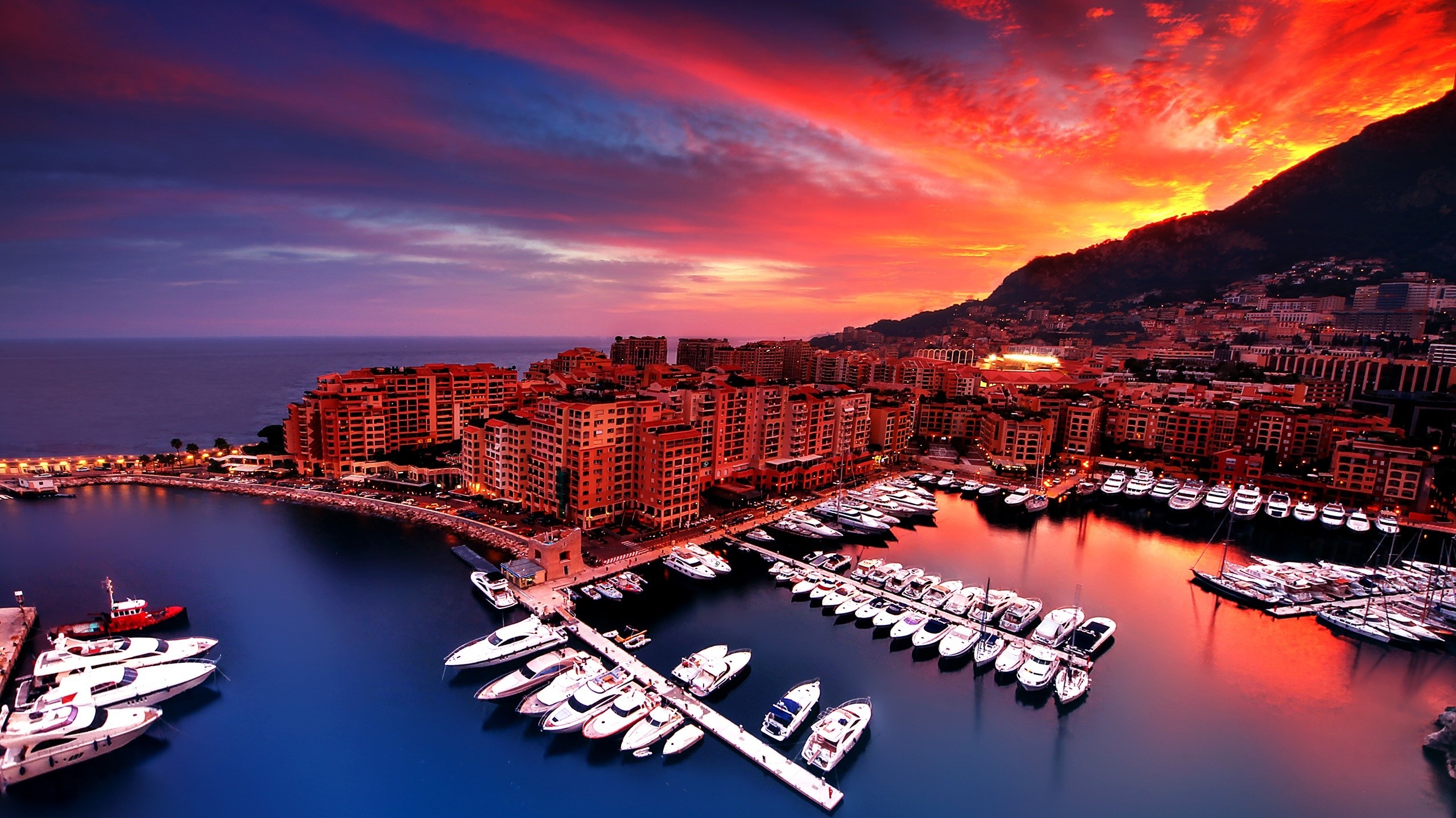 General 2560x1440 cityscape Monaco harbor sunrise city boat sea low light