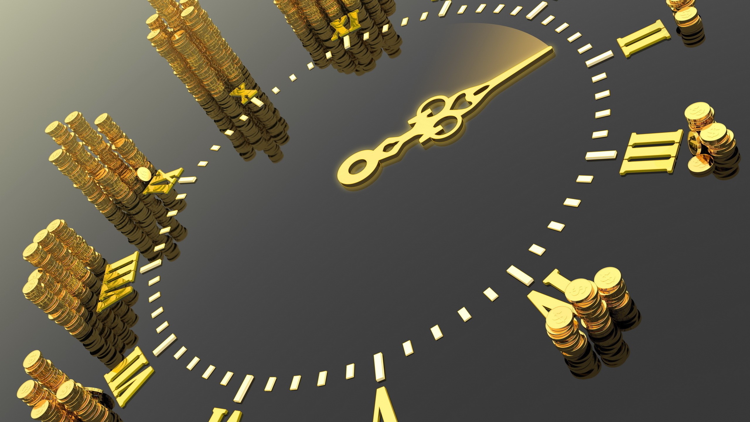 General 2560x1440 money CGI clocks simple background time Roman numerals reflection digital art gold
