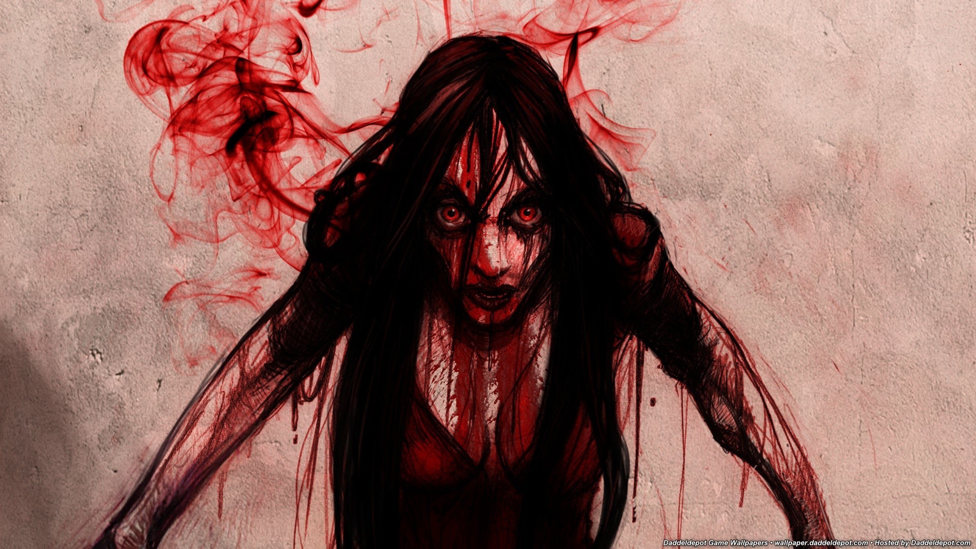 General 1920x1080 witch horror blood redhead artwork red scary face red eyes frontal view