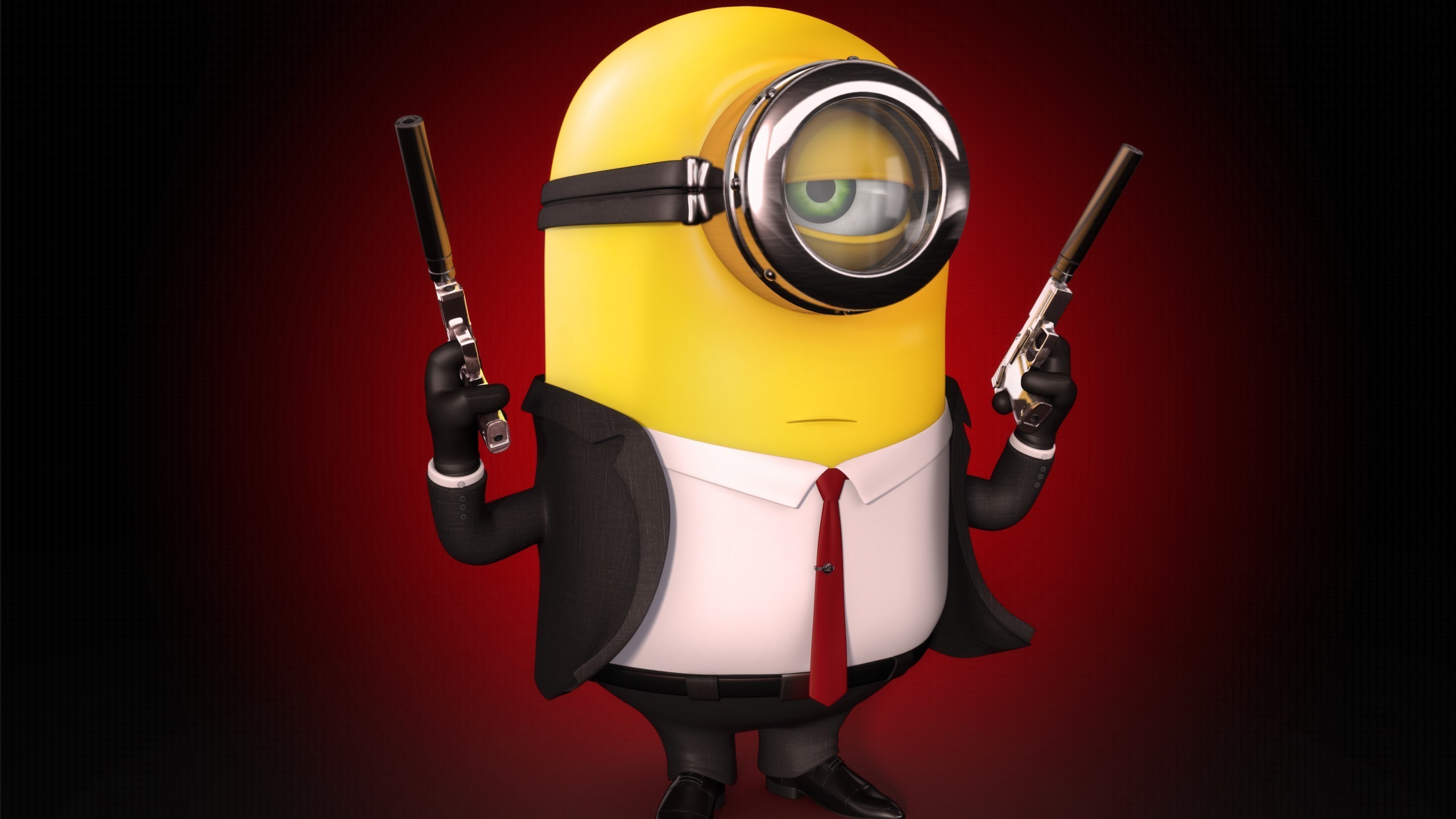 General 2560x1440 simple background gun red background humor minions Hitman dual wield movies movie characters video game characters Universal Pictures crossover