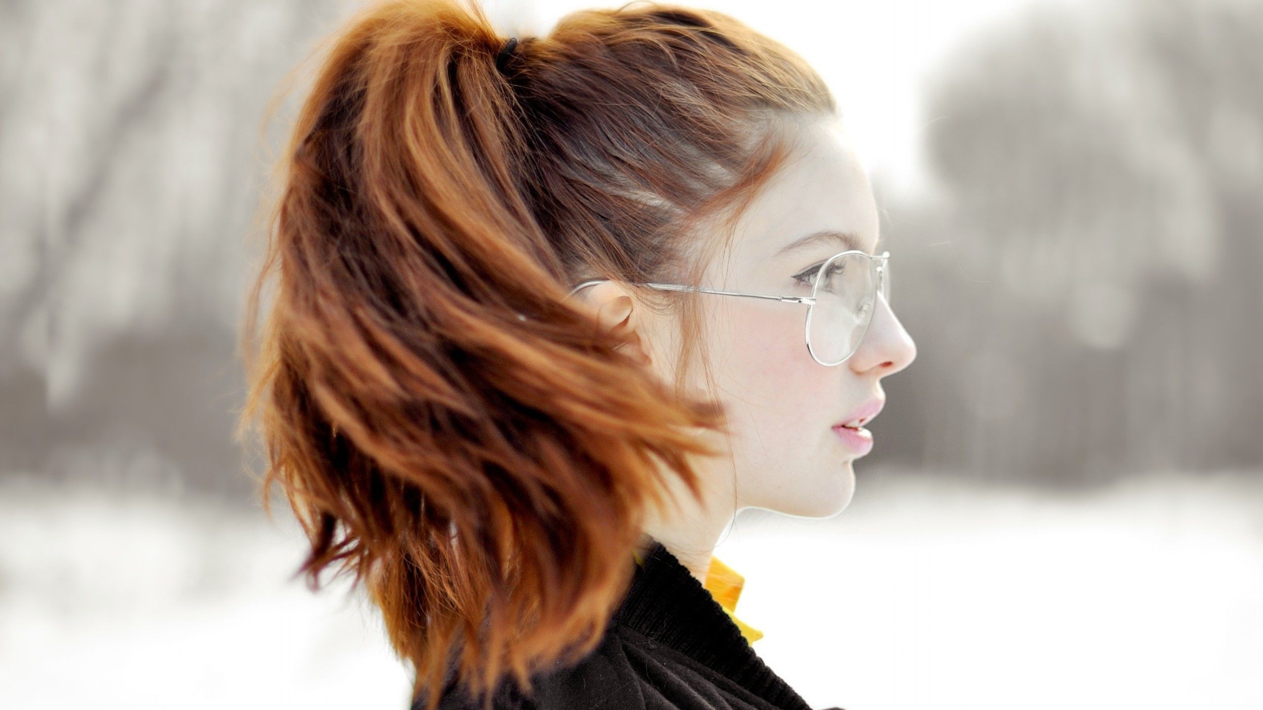 People 2560x1440 face women with glasses Ebba Zingmark Swedish outdoors long hair ponytail looking away women closeup women outdoors profile side view glasses redhead Swedish women young women wavy hair pink lipstick lipstick parted lips