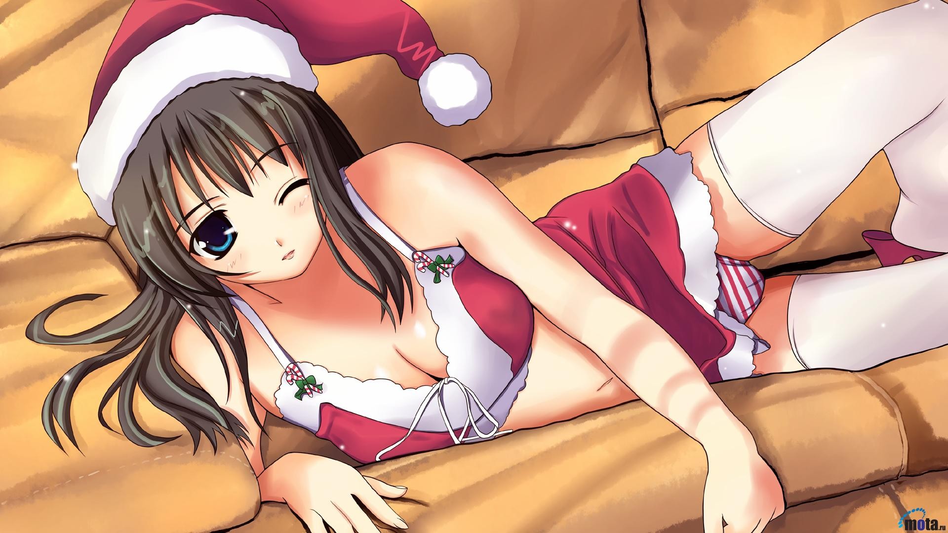 Anime 1920x1080 anime anime girls Christmas cleavage original characters Santa hats lingerie panties striped panties looking at viewer one eye closed long hair couch women indoors indoors lying on side stockings