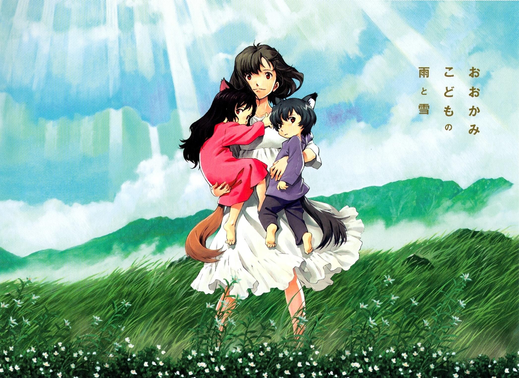 Anime 2093x1525 Wolf Children sunlight flowers anime anime girls field dark hair plants women outdoors children animal ears