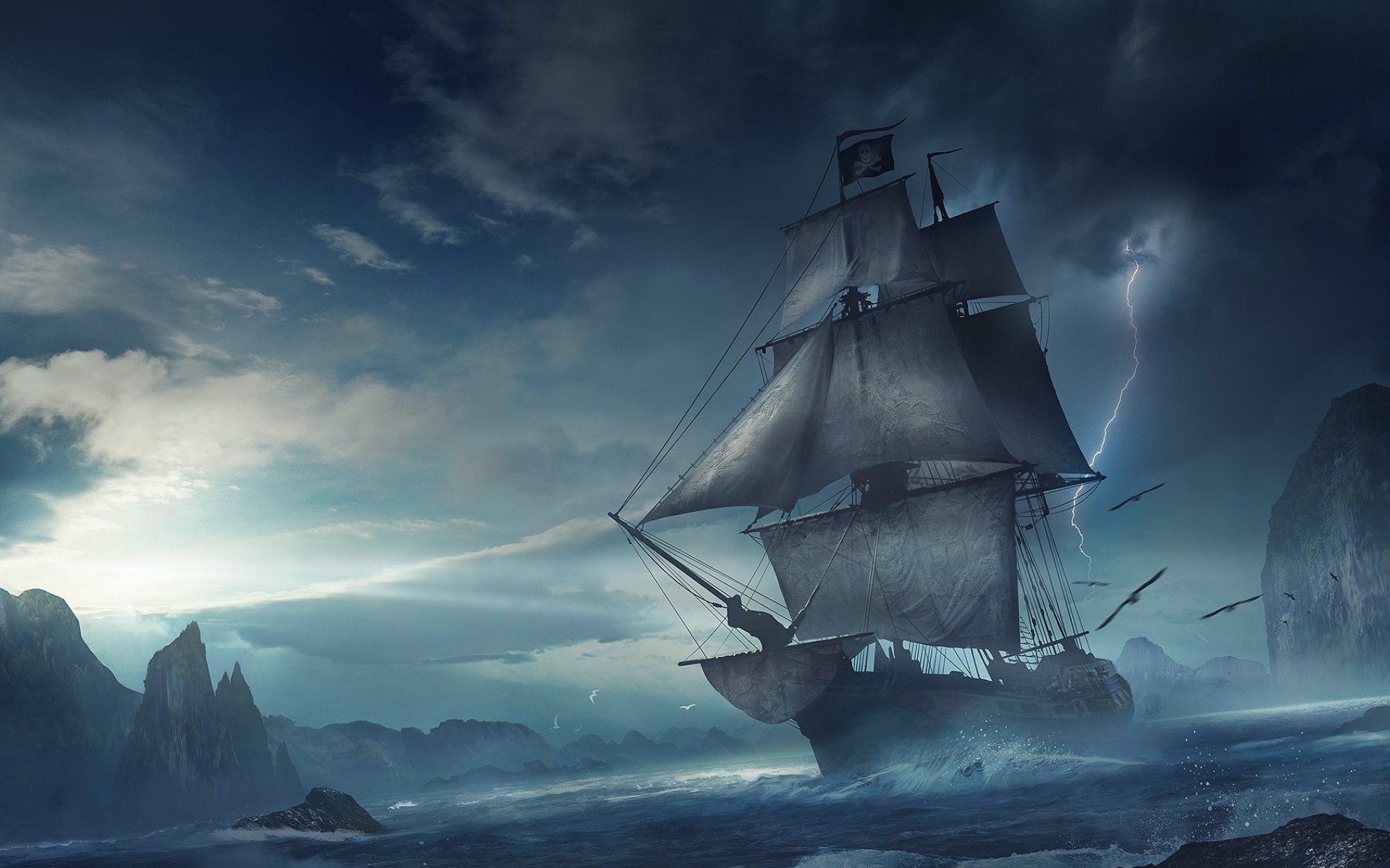 General 1920x1200 sailing ship pirates fantasy art skull and bones lightning sea rigging (ship) vehicle digital art