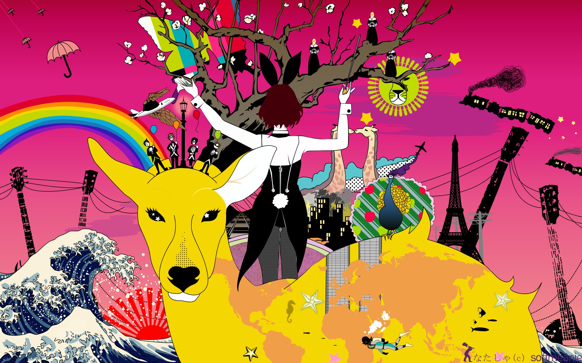 Anime 1920x1200 anime colorful original characters album covers anime girls deer animals umbrella trees arms up redhead waves train Eiffel Tower giraffes