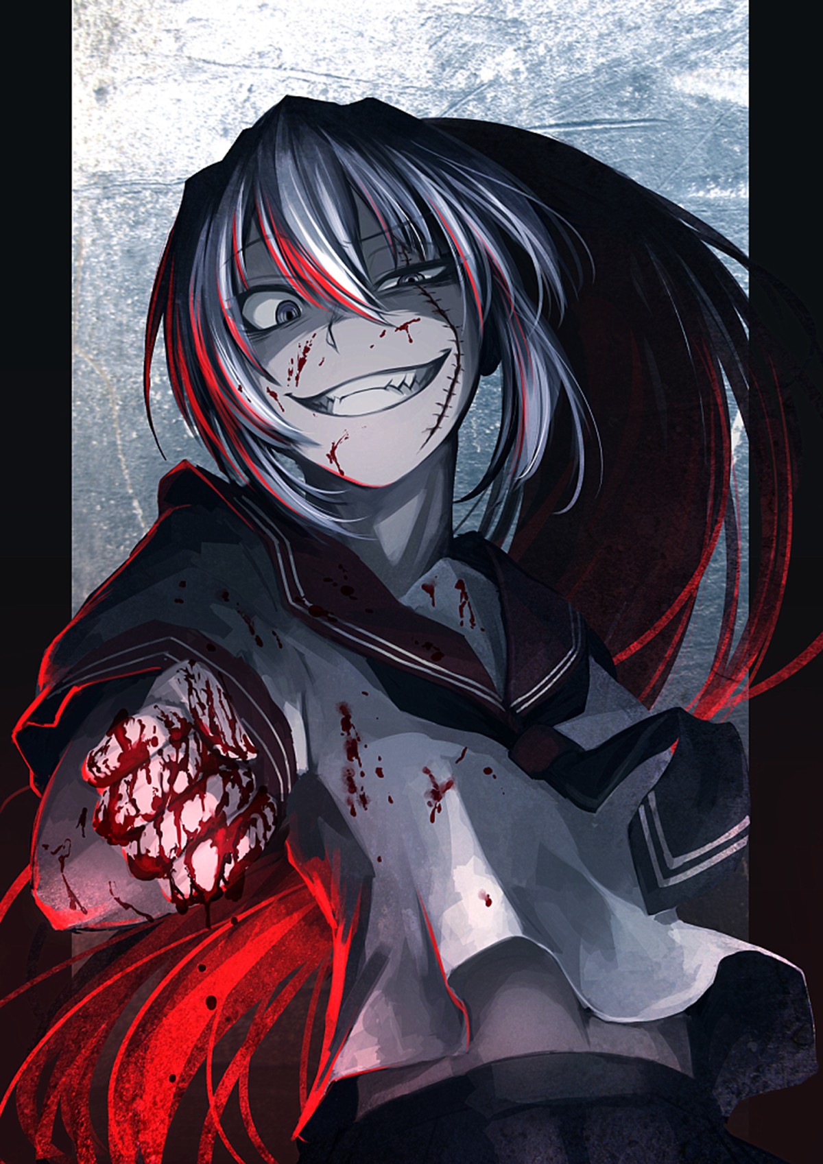 Anime 1200x1697 Akuma no Riddle  Hetza anime blood smiling anime girls fist wacky looking at viewer