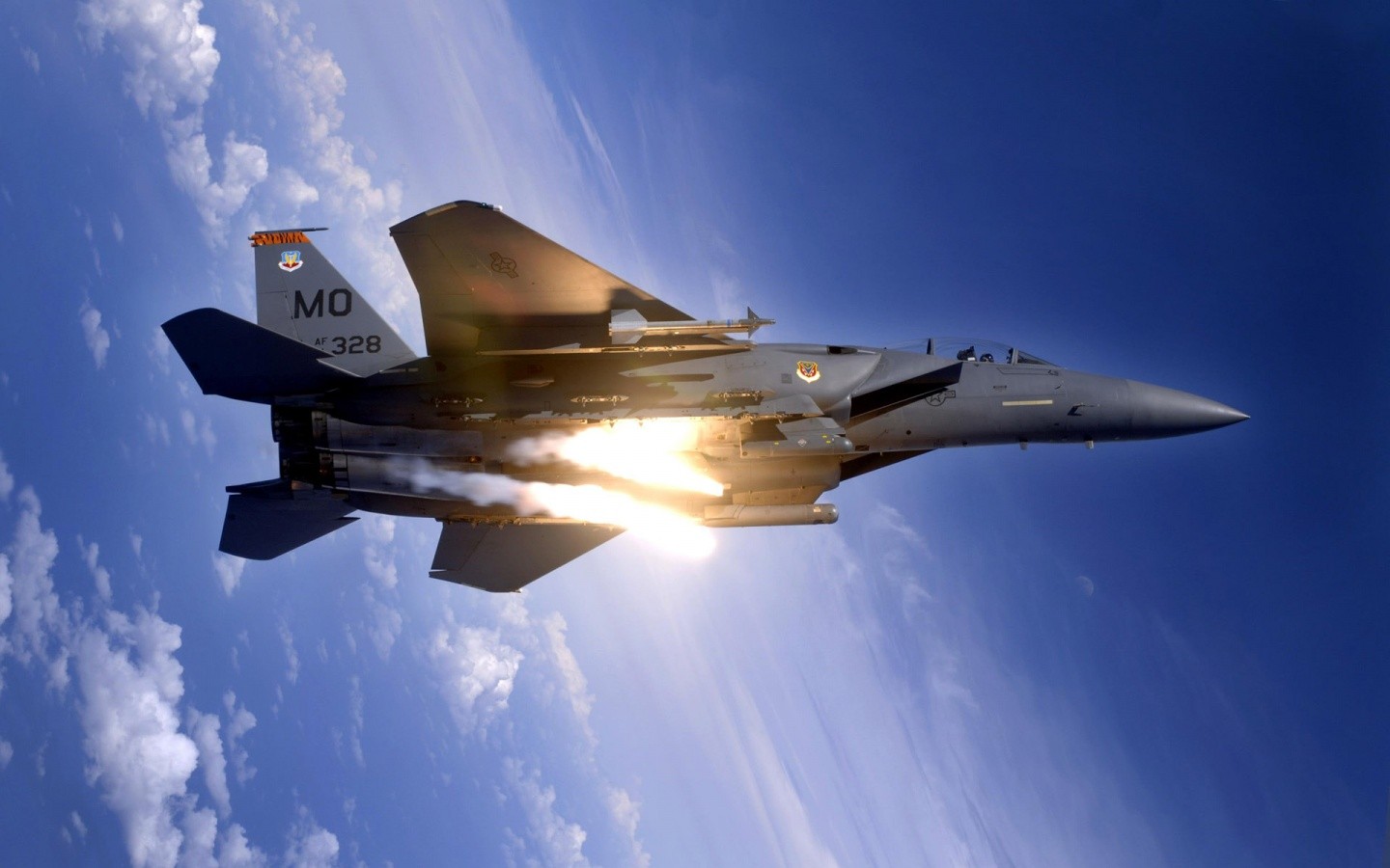 General 1440x900 missiles airplane blue clouds clear sky military military aircraft F-15 Eagle vehicle military vehicle jet fighter flares American aircraft