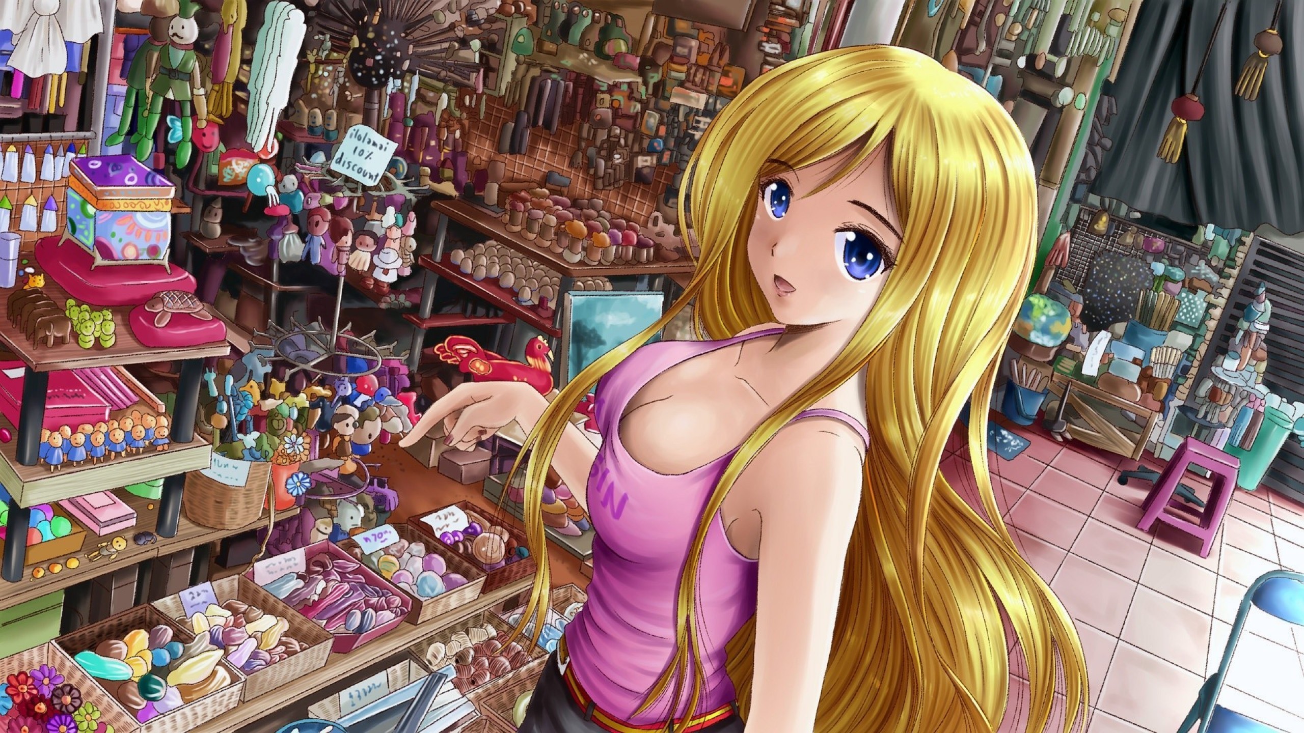 Anime 2560x1440 ecchi sweets anime girls blonde original characters pink shirt boobs stores blue eyes long hair shirt women indoors indoors open mouth looking at viewer anime