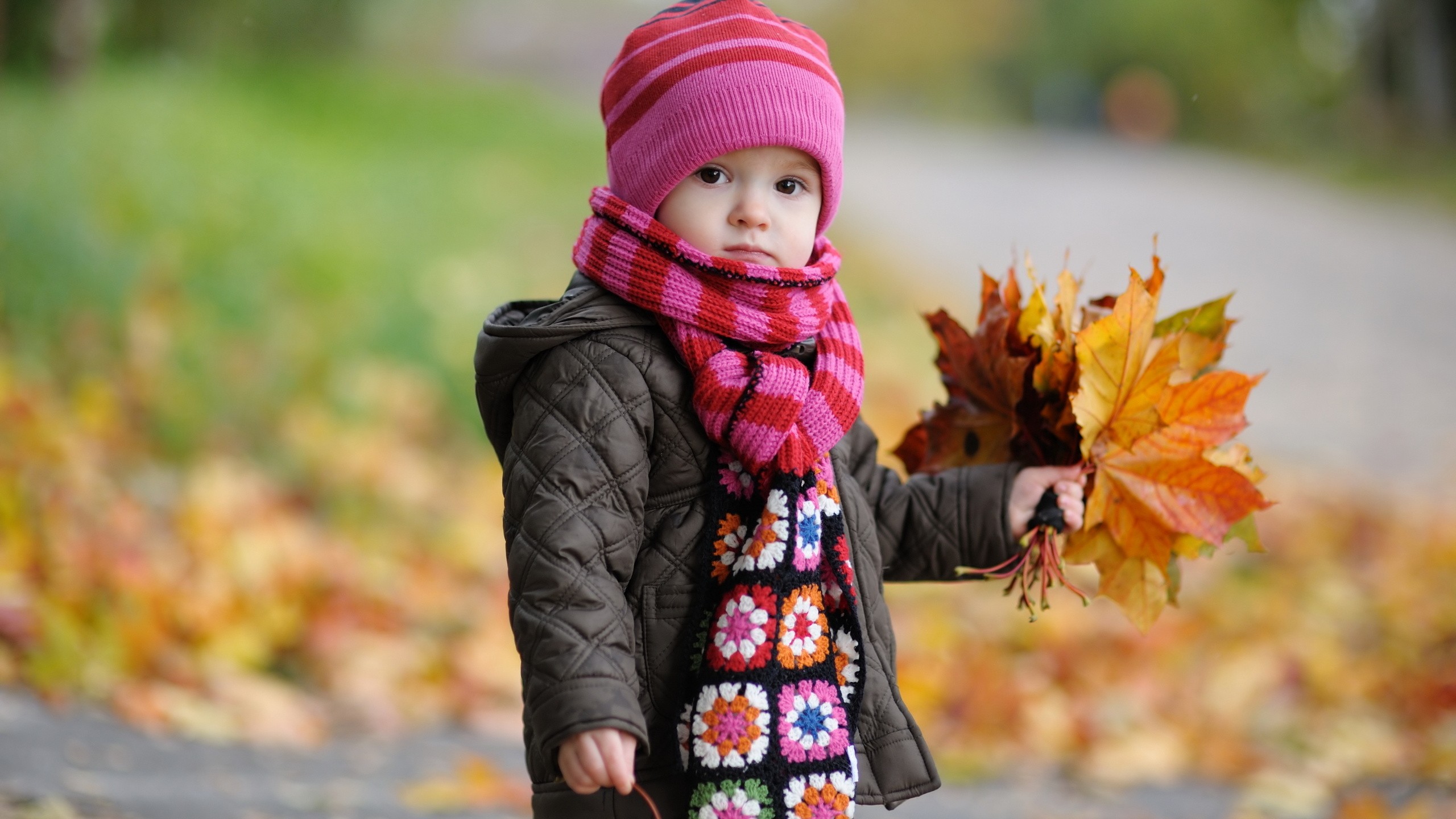 People 2560x1440 leaves outdoors children