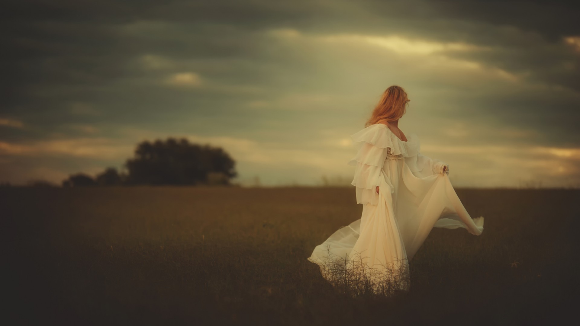 People 1920x1080 women model blonde long hair women outdoors nature trees white dress field clouds filter depth of field standing white clothing looking away TJ Drysdale