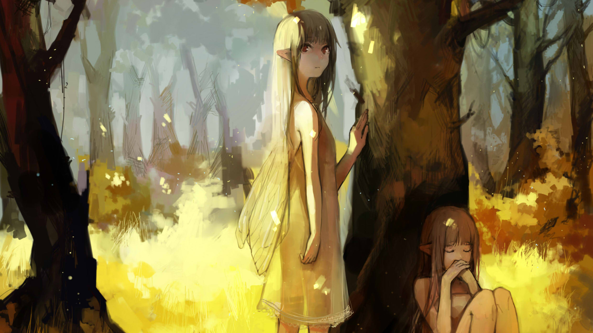 Anime 1920x1080 anime fantasy art anime girls wood elves forest fantasy girl two women women outdoors nature trees standing sitting pointy ears looking at viewer red eyes closed eyes