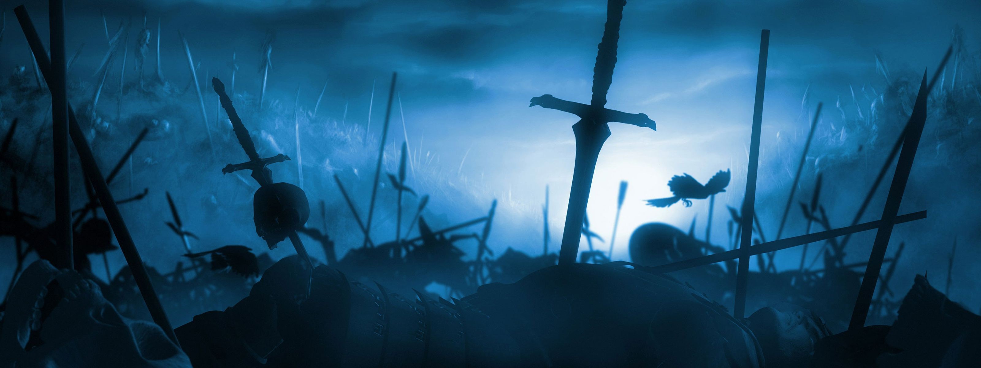 General 3200x1200 CGI artwork fantasy art anime sword war skull battlefields Warcraft dark fantasy cyan blue