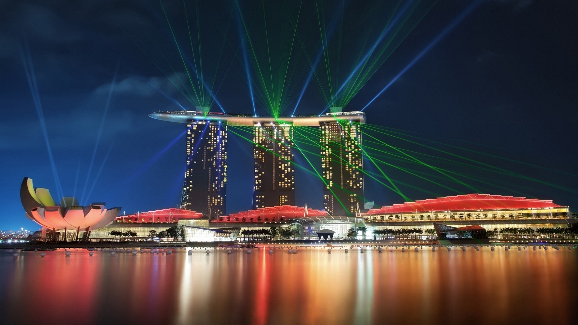 General 1920x1080 cityscape Singapore Marina Bay lasers spotlights building Asia