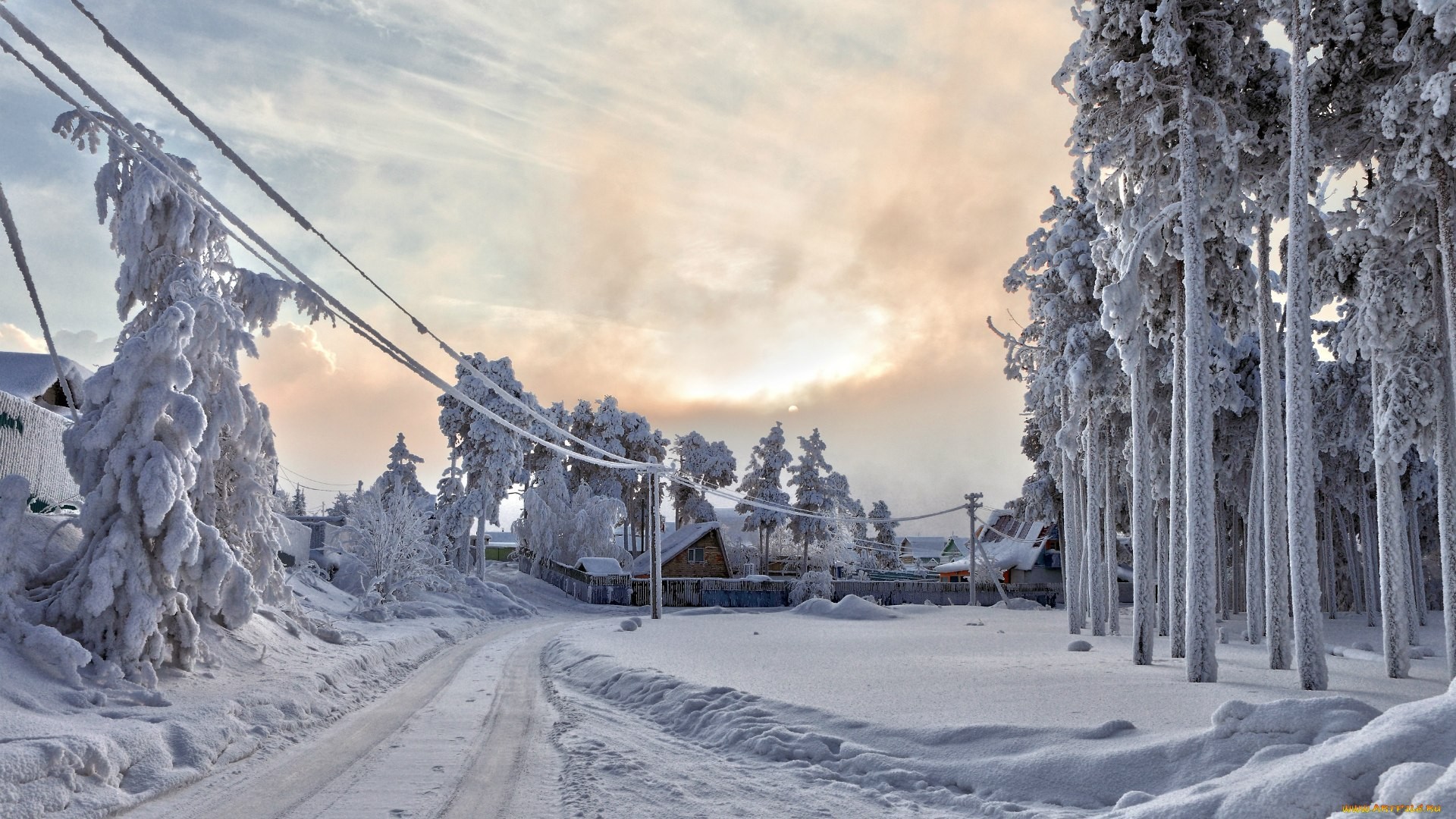 General 1920x1080 winter snow trees house power lines ice cold road clouds sunlight