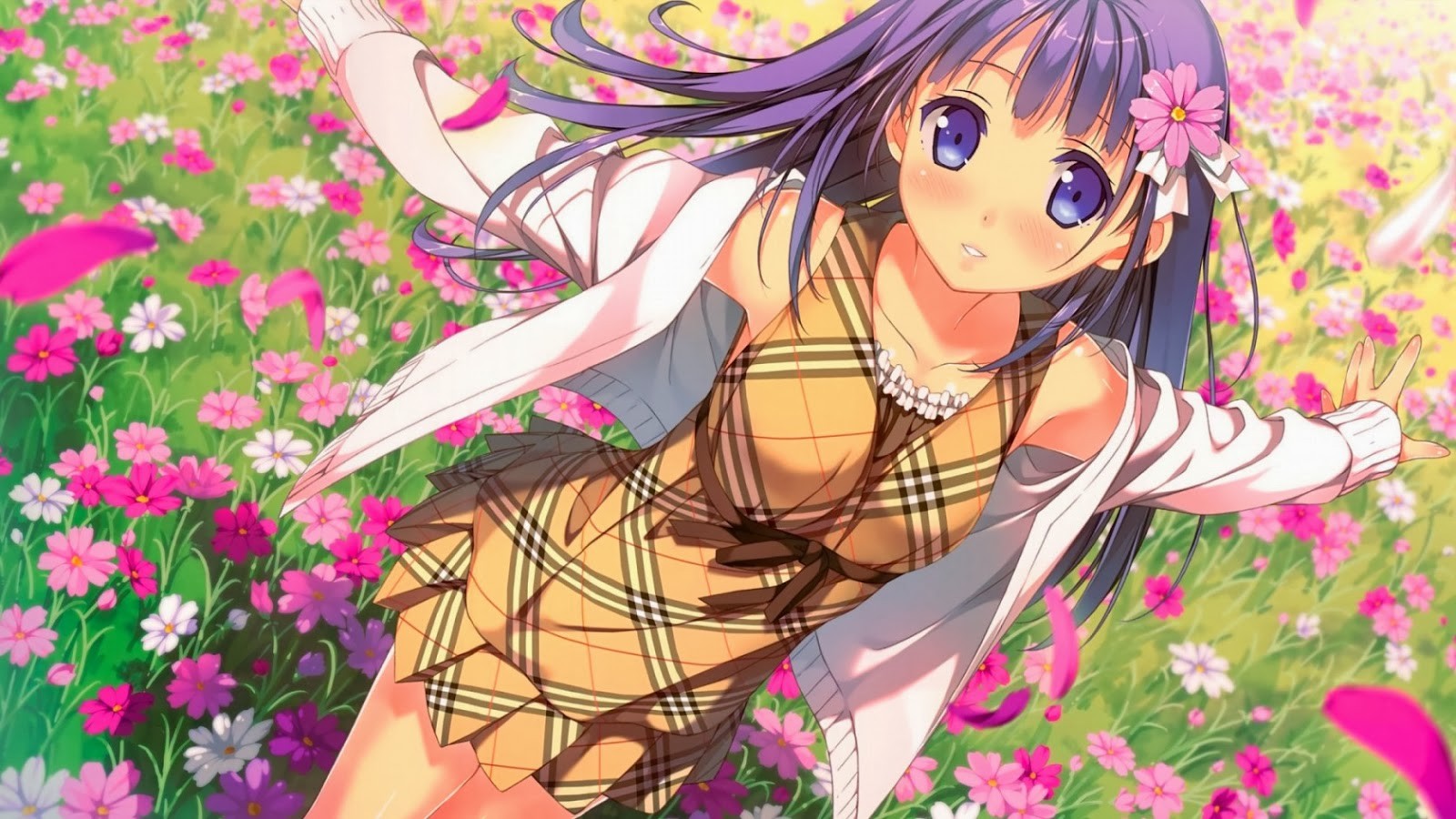 Anime 1600x900 anime girls flowers flower in hair purple eyes plants Kantoku women women outdoors purple hair
