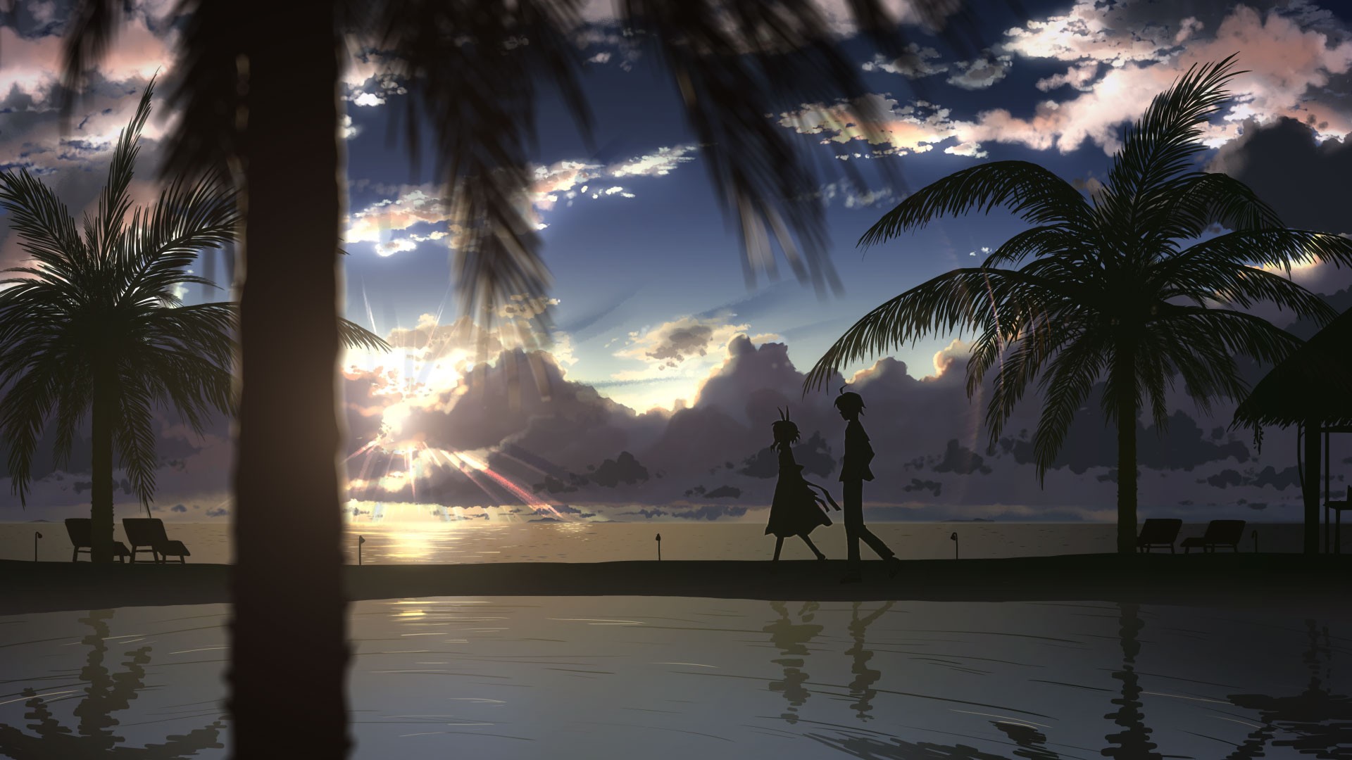 Anime 1920x1080 anime scenery palm trees sky anime boys anime girls sea sunlight silhouette sunbed clouds water