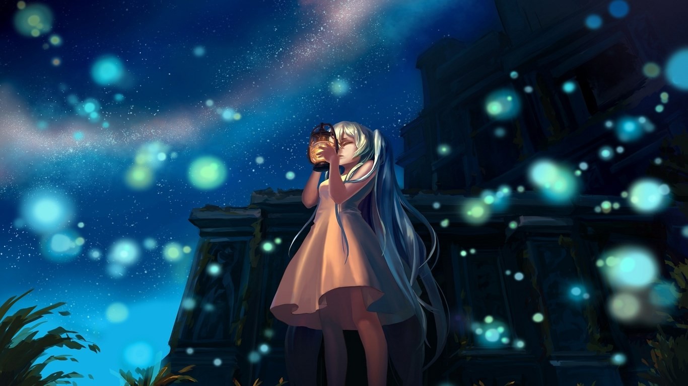 Anime 1366x768 anime Hatsune Miku lantern ruins Vocaloid anime girls stars night blue artwork long hair outdoors standing closed eyes