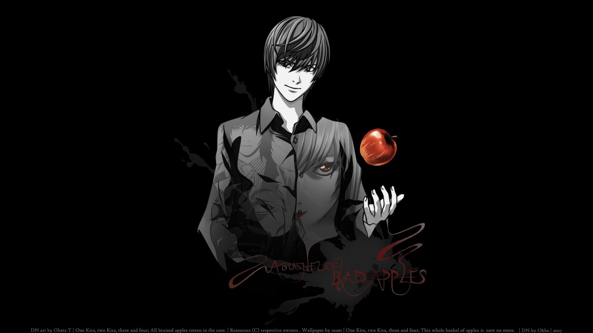 Anime 2000x1125 Death Note anime apples selective coloring food fruit simple background black background