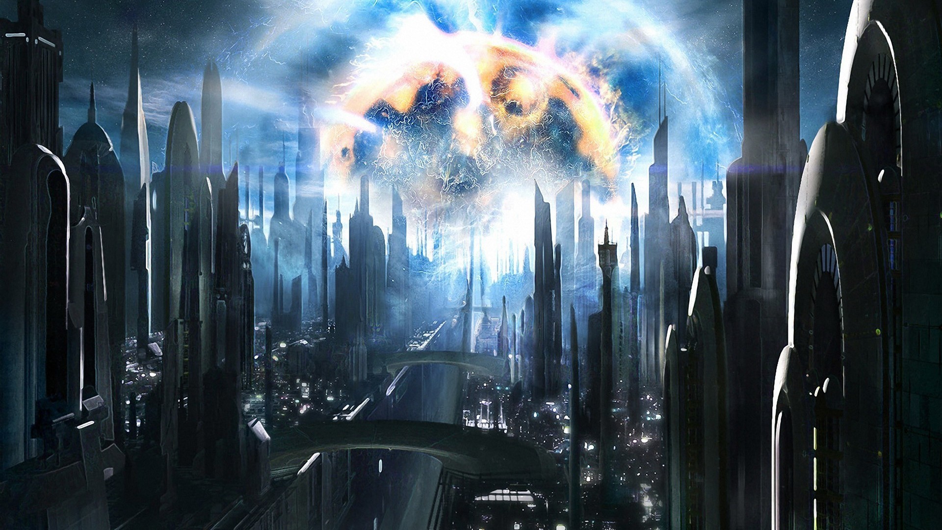 General 1920x1080 artwork space digital art concept art planet explosion stars futuristic city futuristic city
