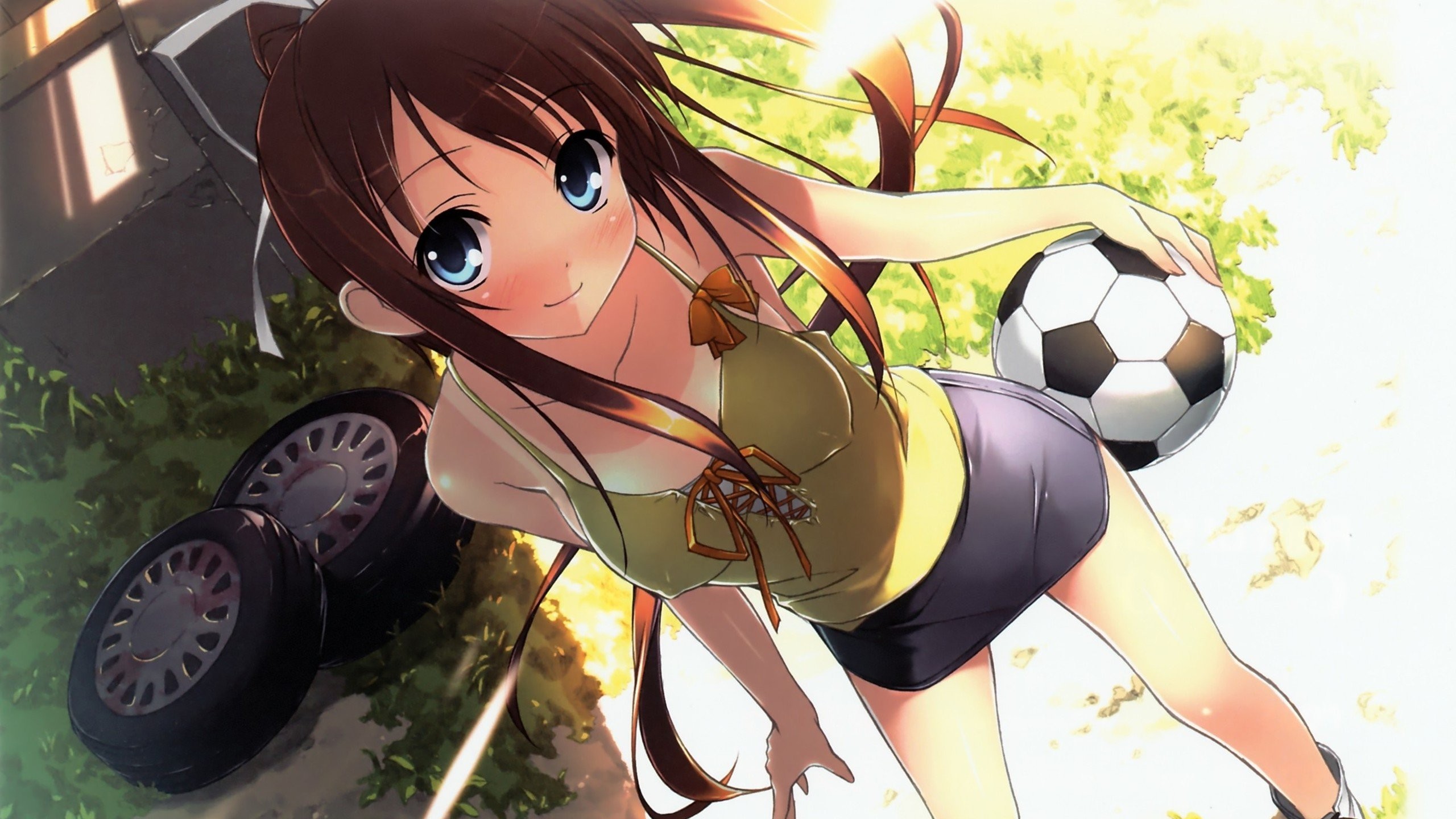Anime 2560x1440 anime anime girls Natsu no Ame soccer ball tan lines skirt smiling blue eyes brunette Kantoku