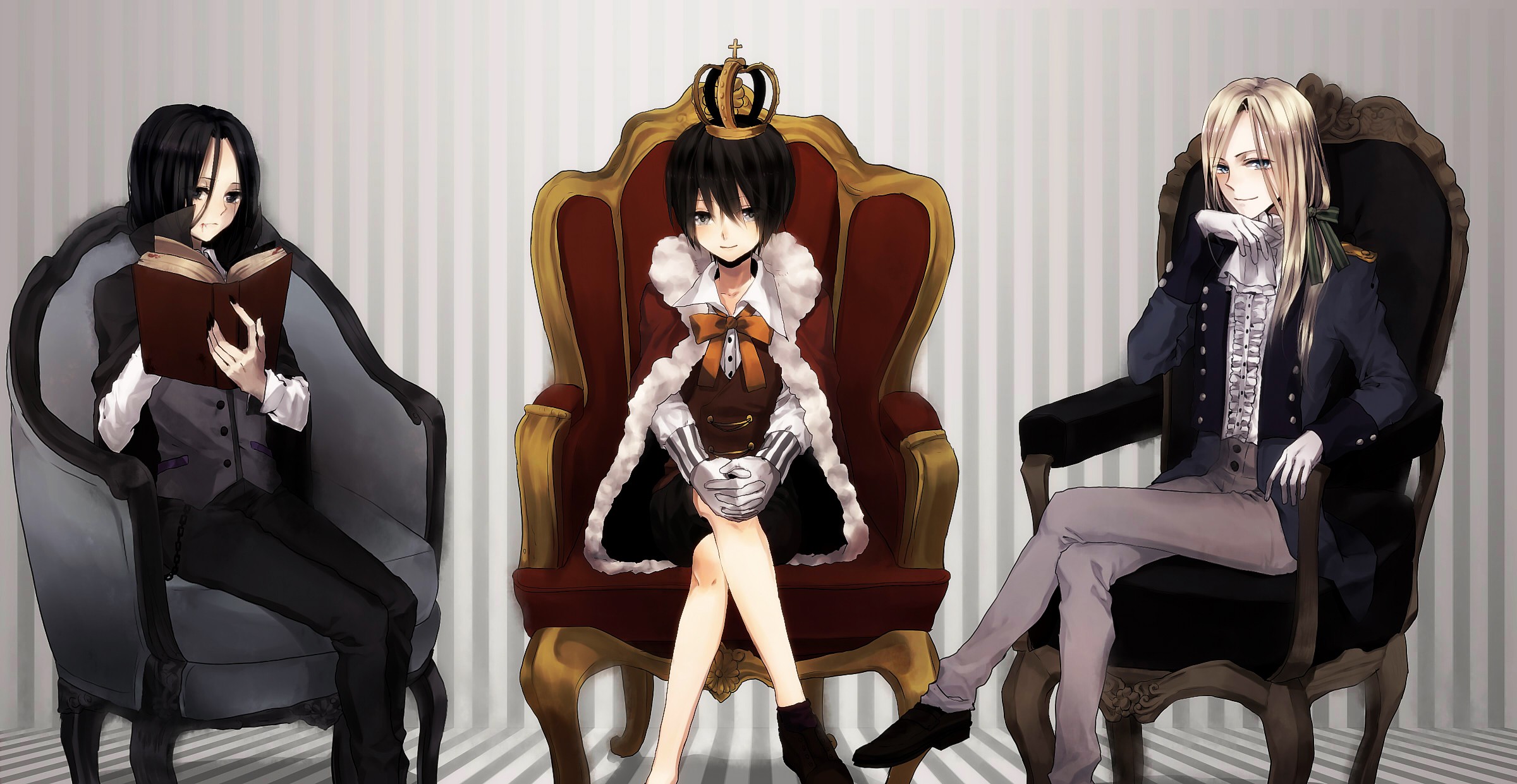 Anime 2400x1241 anime crown anime girls books black hair anime boys brunette chair sitting