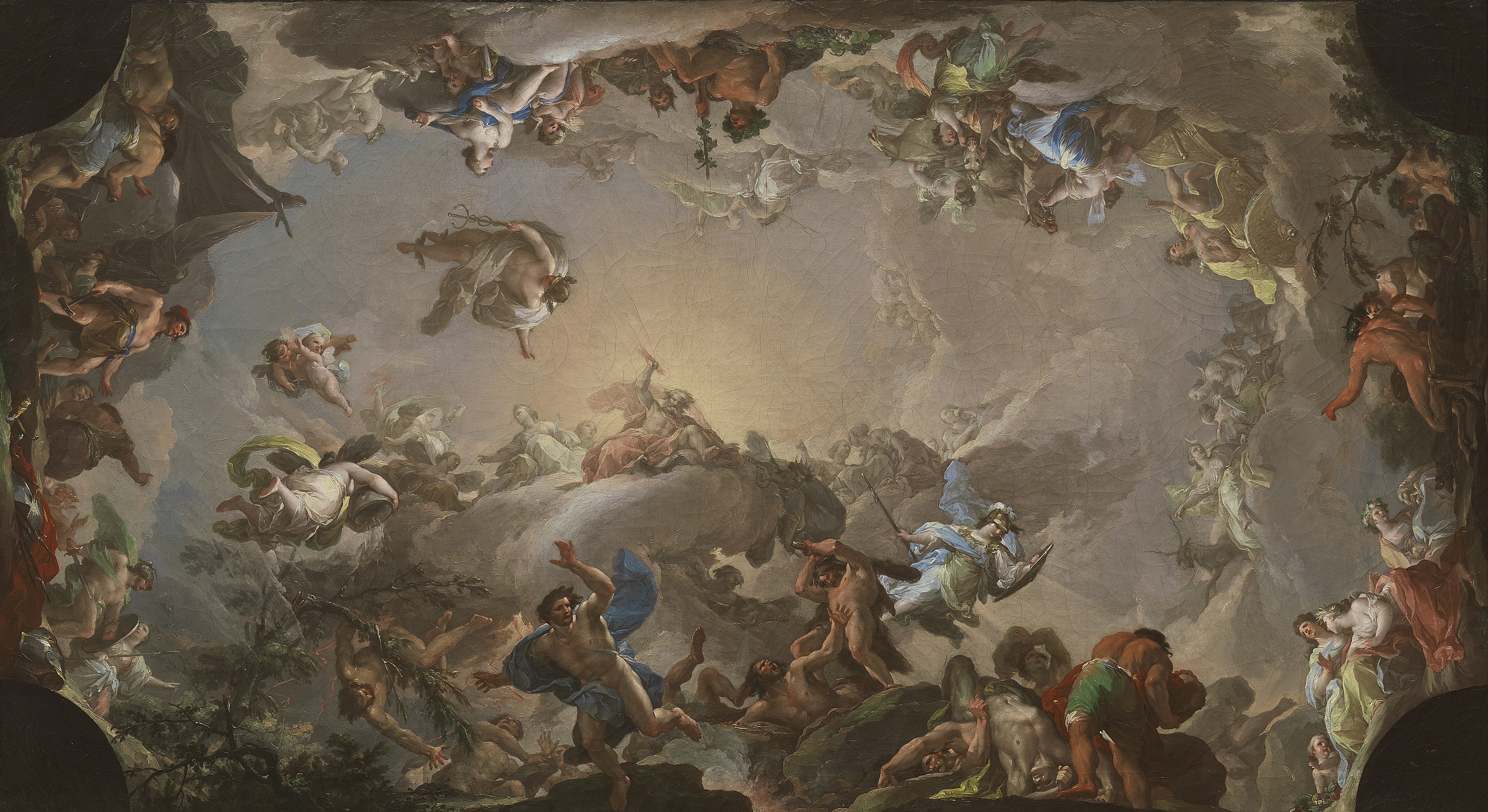 General 2953x1612 artwork Greek mythology battle giant classic art clouds Putti