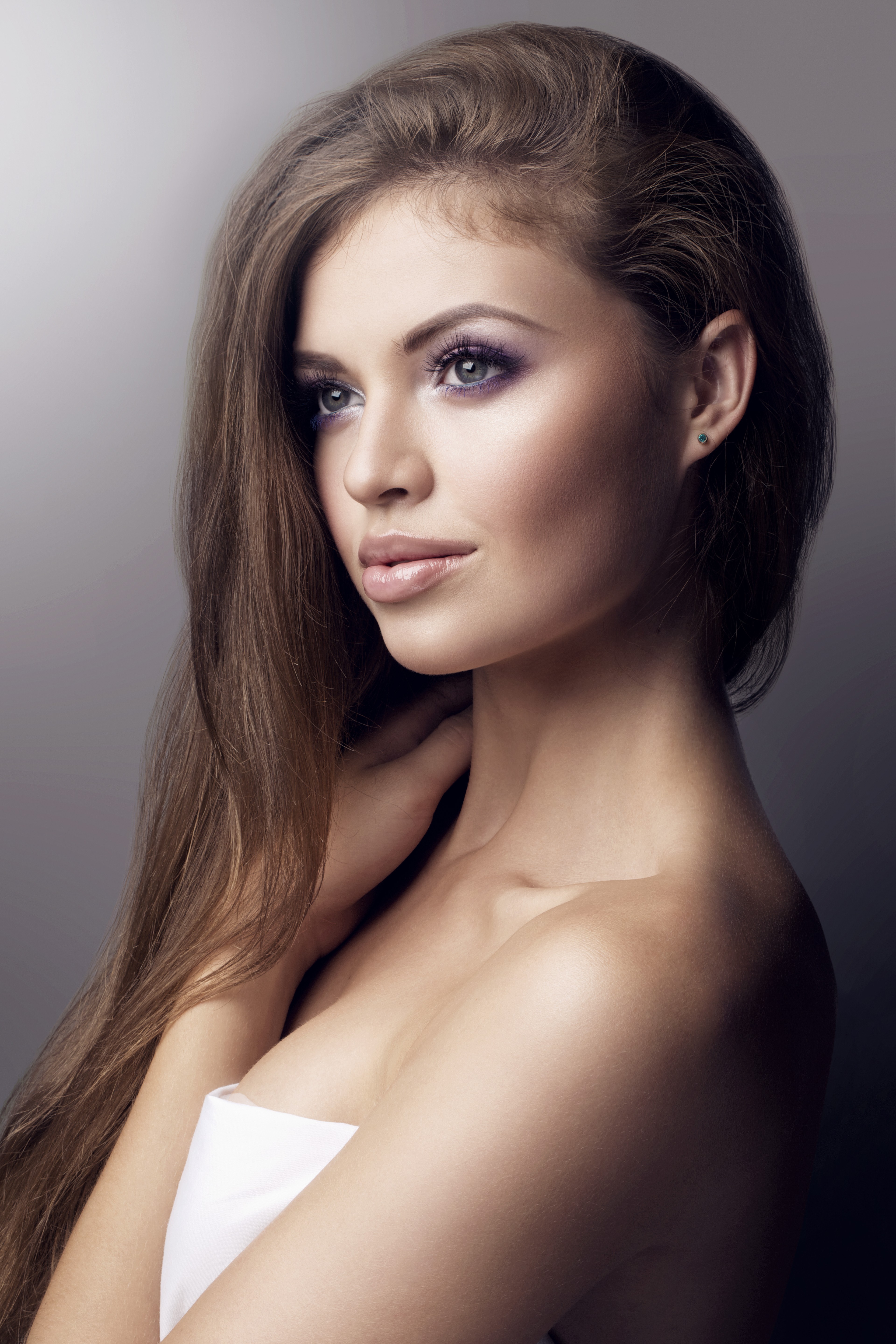 People 3840x5760 model face hair   women indoors indoors makeup long hair brunette simple background studio portrait women
