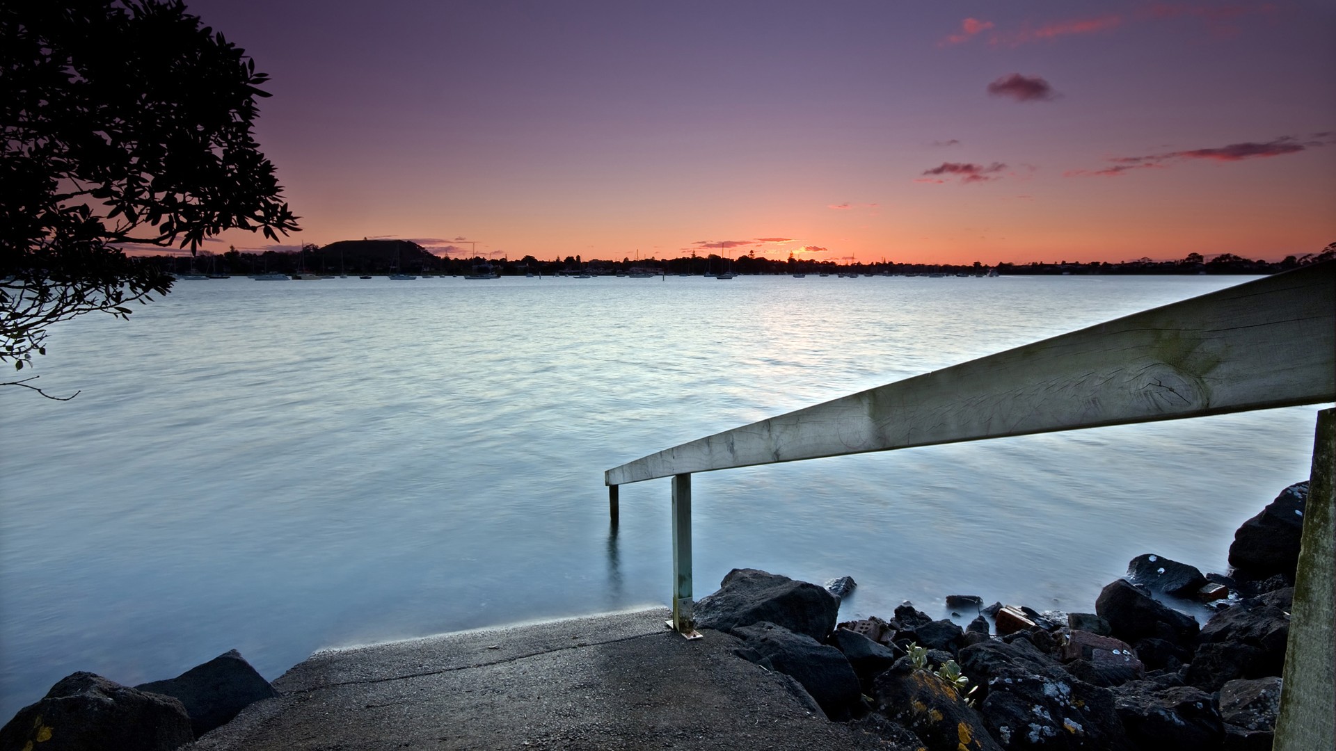 General 1920x1080 photography coast landscape stairs rock stairs dusk boat water