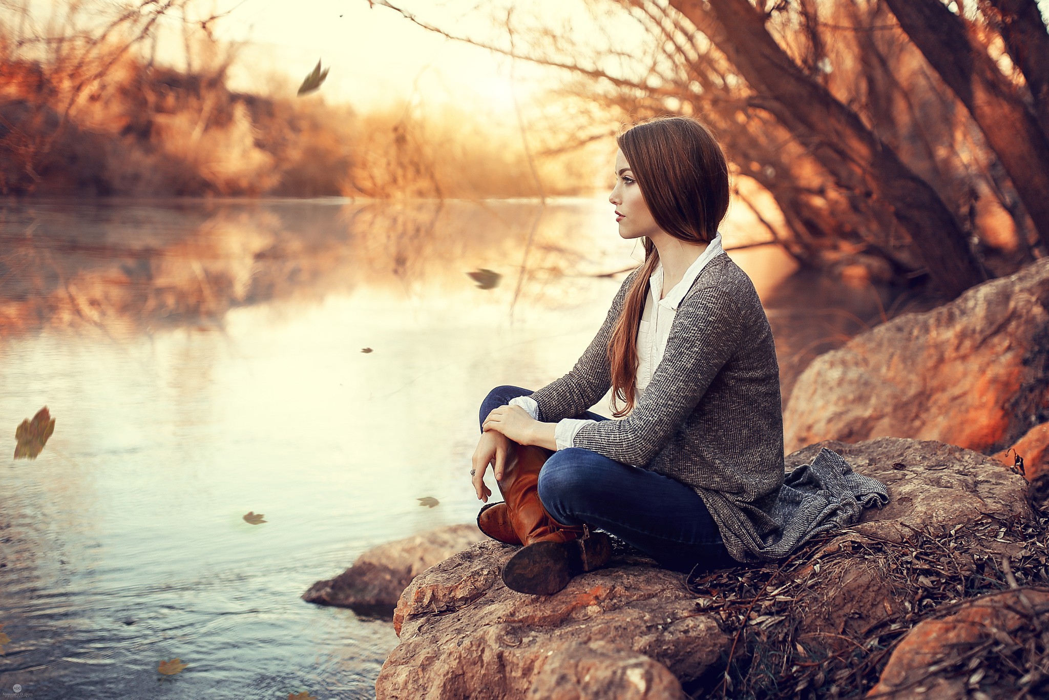 People 2048x1366 women Alessandro Di Cicco redhead fall women outdoors depth of field looking away straight hair sweater model sitting river April Slough riverside legs crossed profile outdoors face nature